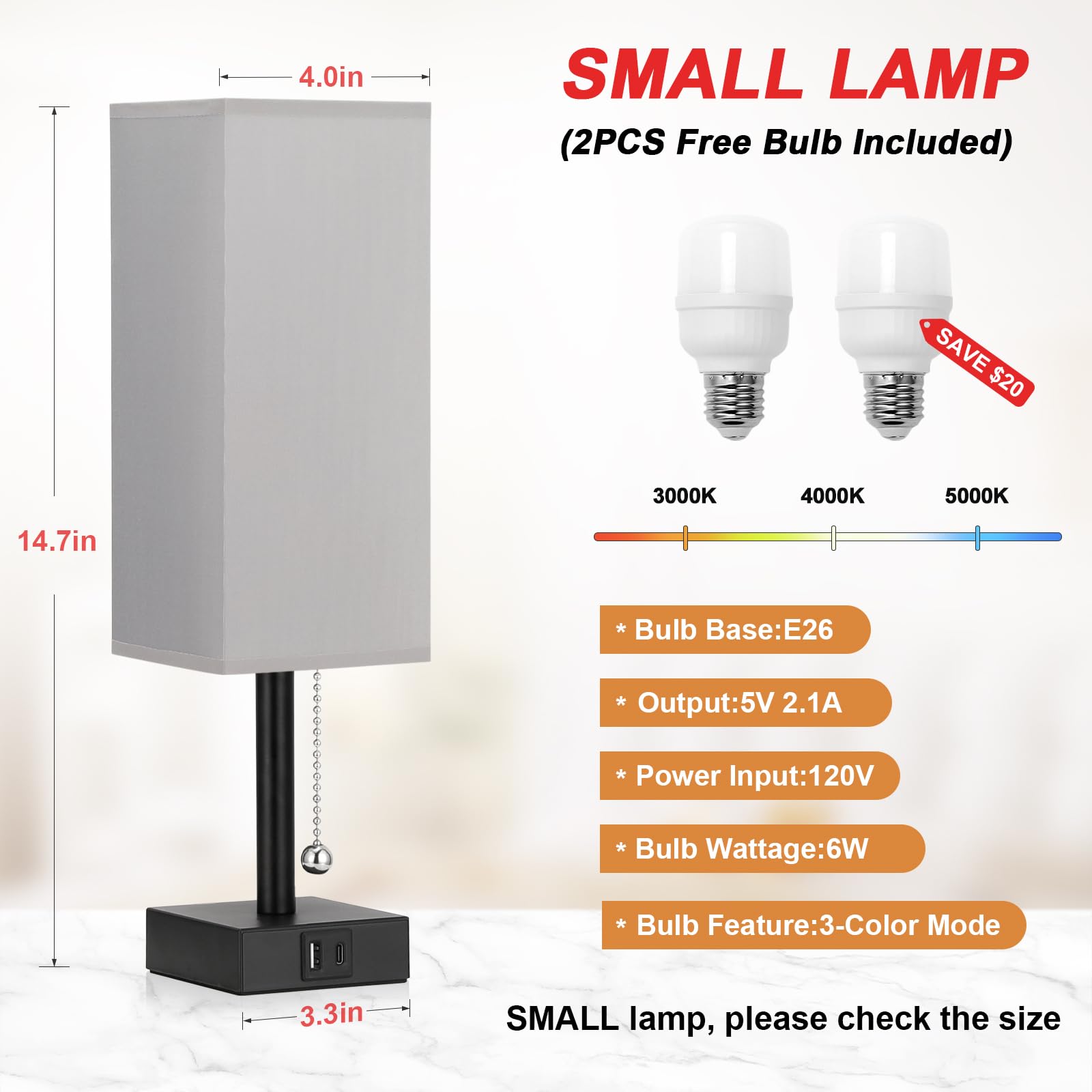 Bedside Table Lamps Set Of 2 - Grey Bedroom Lamps With 3 Color Temperatures (3000K/5000K/4000K), Two Square Nightstand Lamps Wit