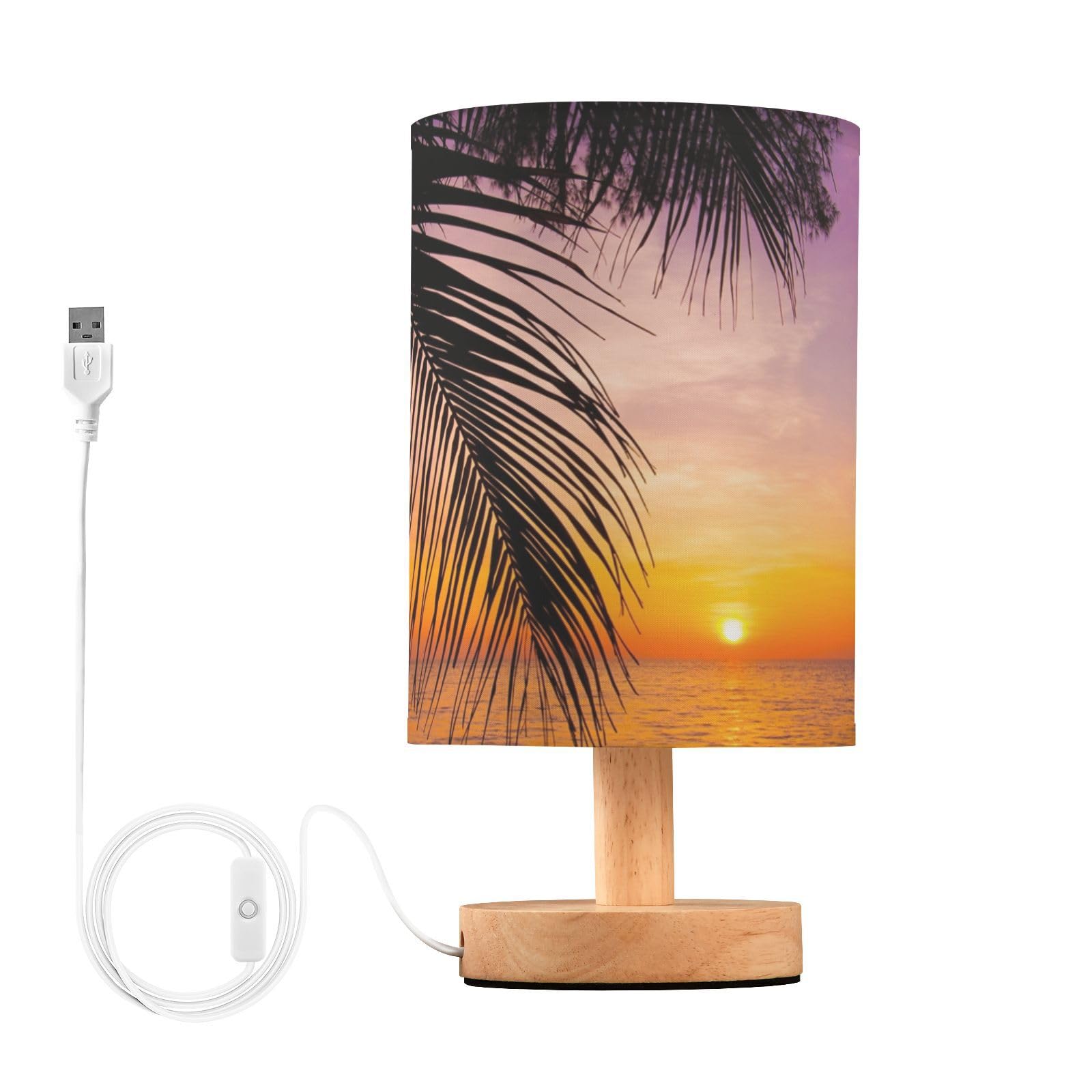 YYZZH Table Lamp Sunset Ocean Palm Tree Tropical Summer Nightstand Lamp with Wood Base Fabric Lamp Shade Bedside Desk Lamp for L