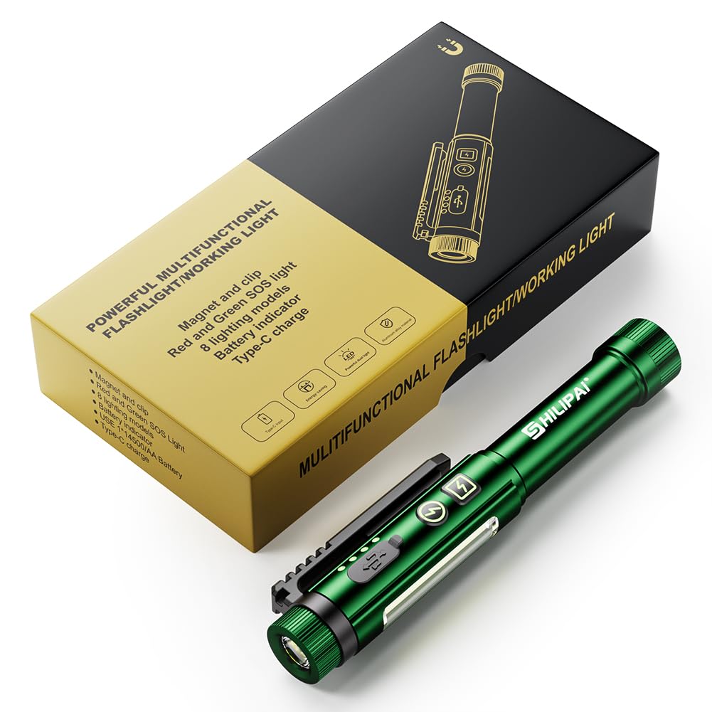SHiLiPAi Pocket EDC Flashlight, Ultra-Light, Waterproof, Pen Light Rechargeable with Clip, Two-Way Magnetic Base - Green