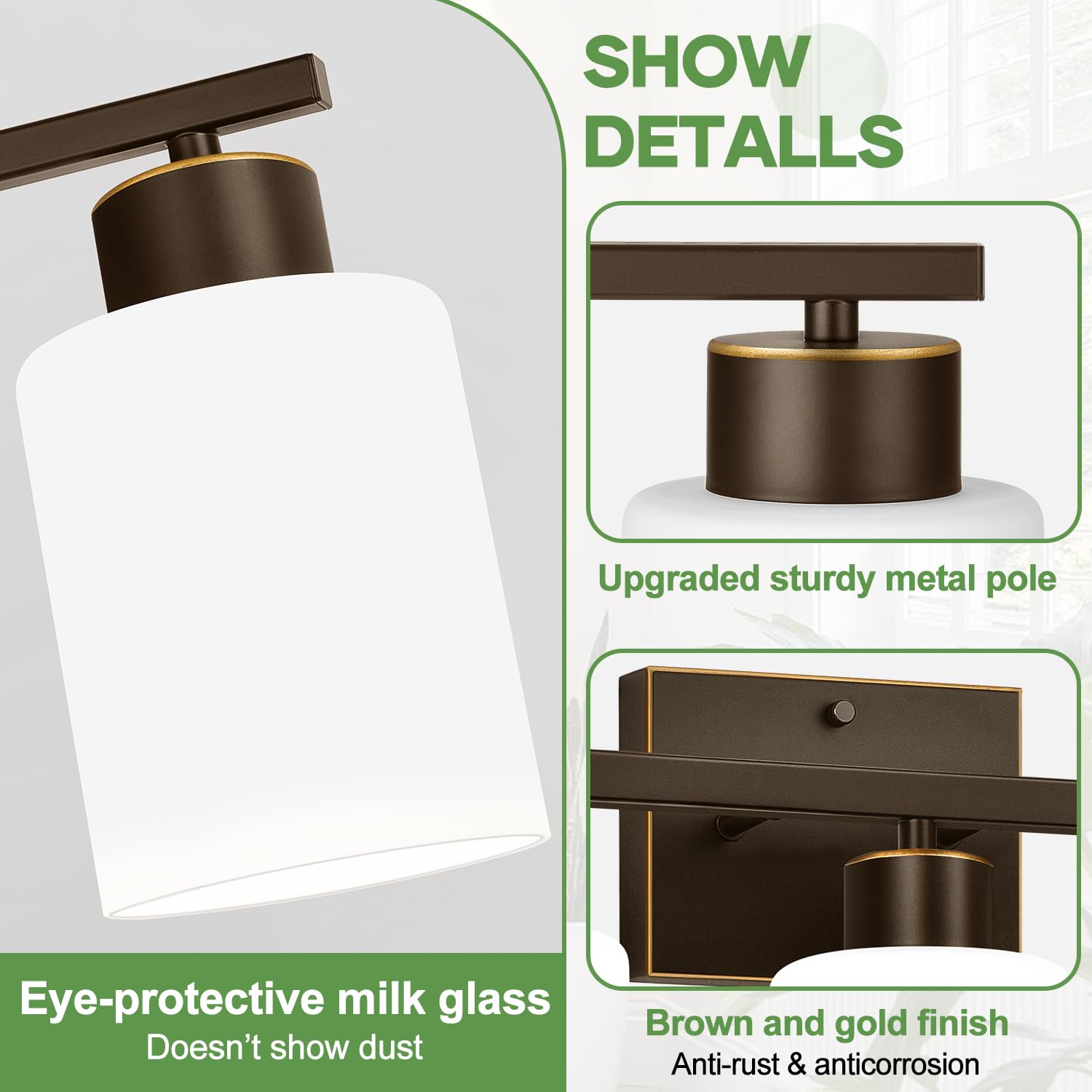 Meybiok 3-Light Bathroom Light Fixture, Brown and Gold Metal Vanity Light with Frosted Glass Shades, Model LTW069
