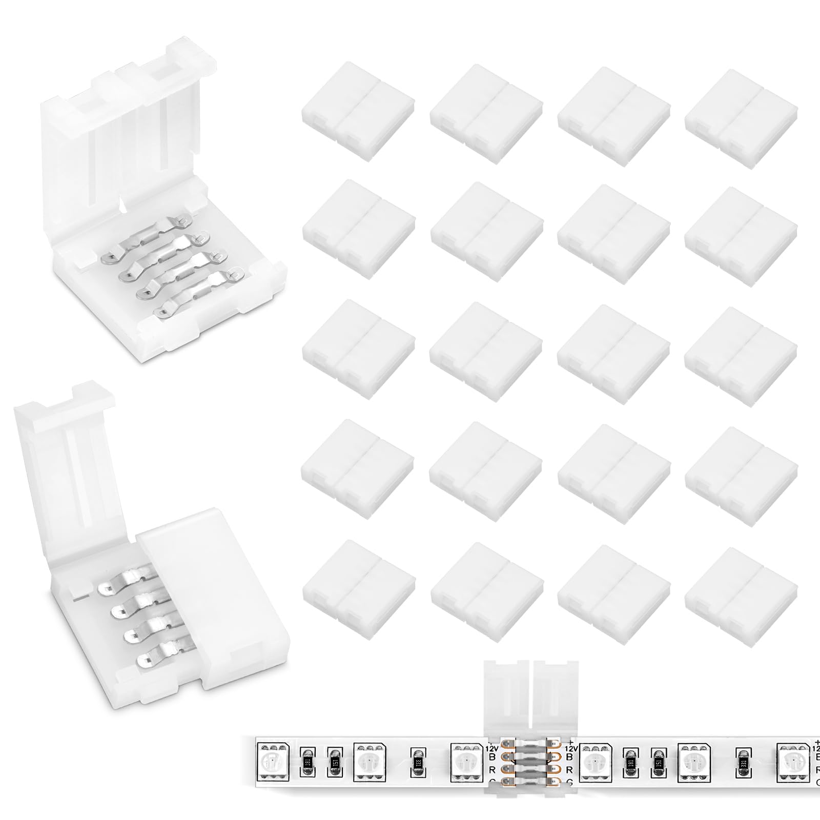 Pmxary 20Pcs 4 Pin LED Band Connectors for 8mm Wide RGB LED Band Lights  Solderless Unwired LED Light Connectors  Easily Extend or Splice 4-Pin 8mm Multicolor Bands
