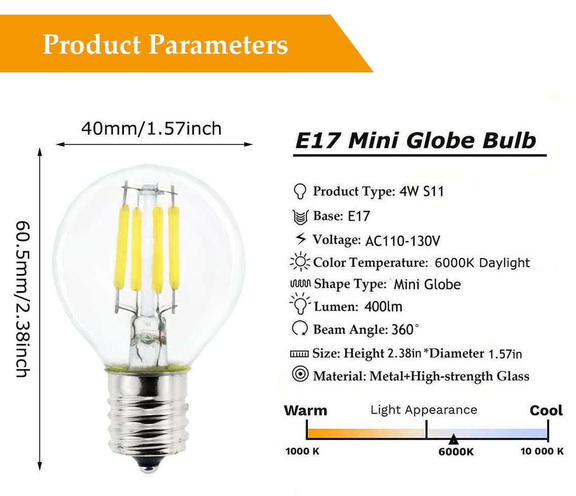 Greeogin S11 LED Bulbs 5-Pack 40W Equivalent E17 Glass Daylight 6000K for Lamps