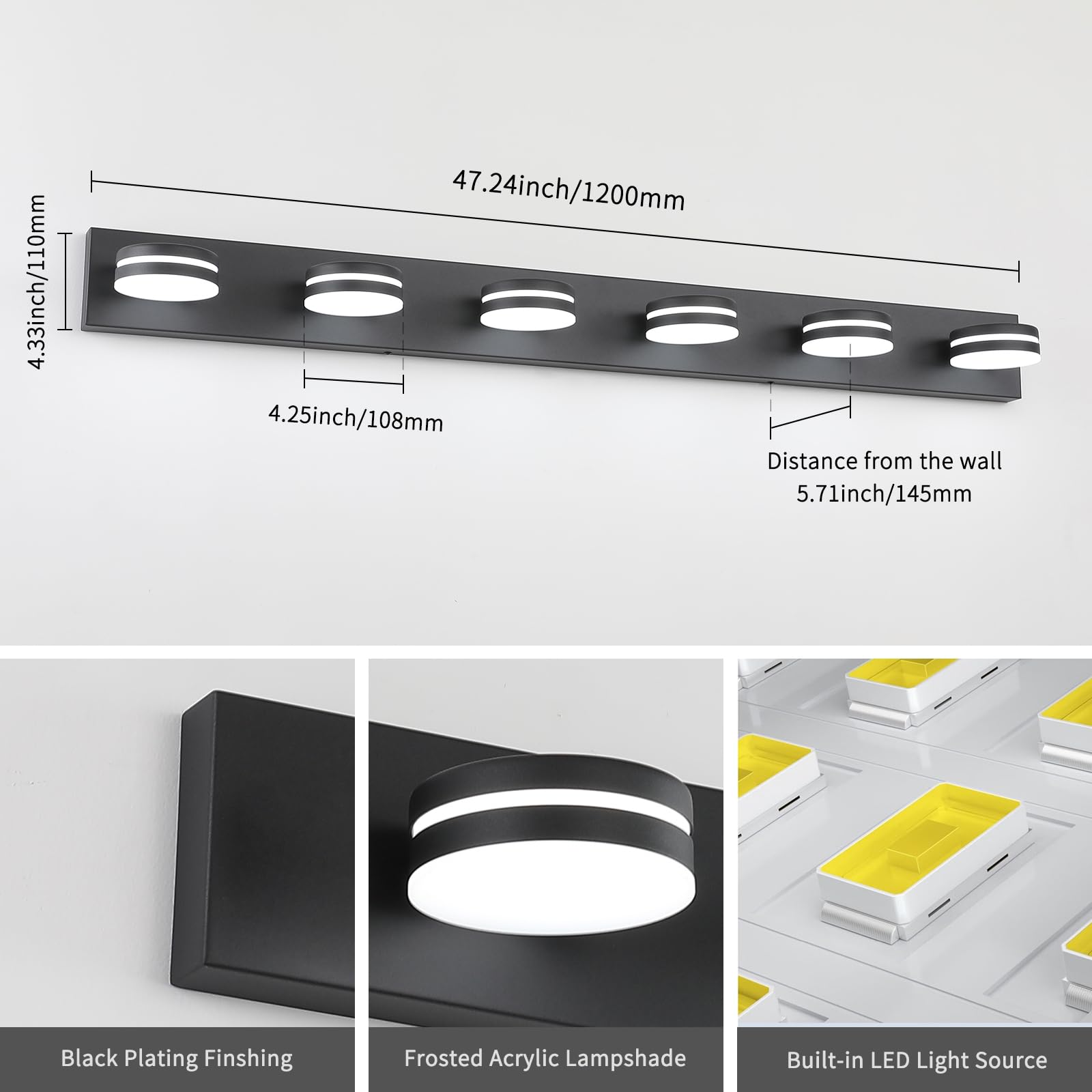Bicrink 6-Light Bathroom Vanity Light Over Mirror  Matte Black Led Vanity Lighting Fixtures  Modern Bathroom Wall Light Fixtures With 360Rotating Lamp Head (Cool White 5500K) (Black  47Inch)