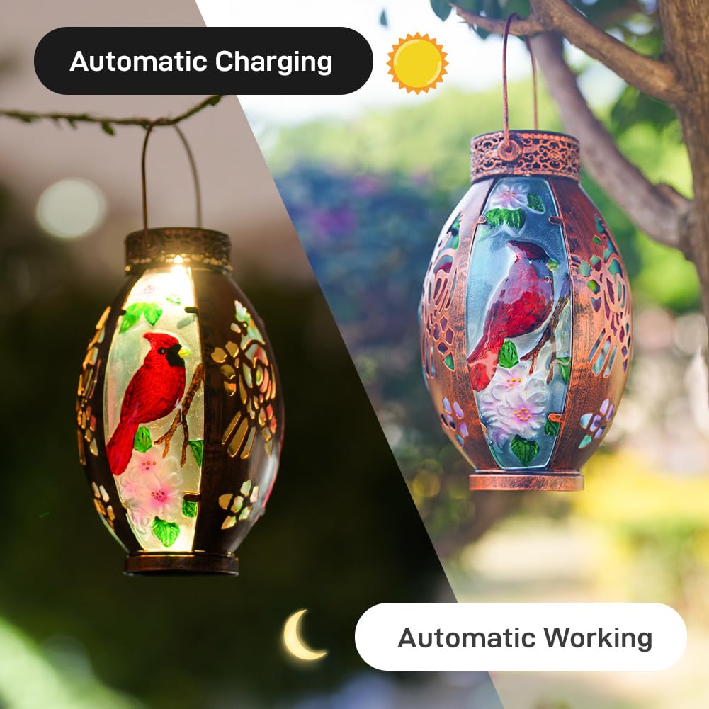 Starsoul Cardinal Outdoor Solar Lantern Metal &Stained Glass Cardinal Solar Light Waterproof Cardinal Tabletop Lamp With Hollowed-Out Design For Yard Patio Garden Pathway