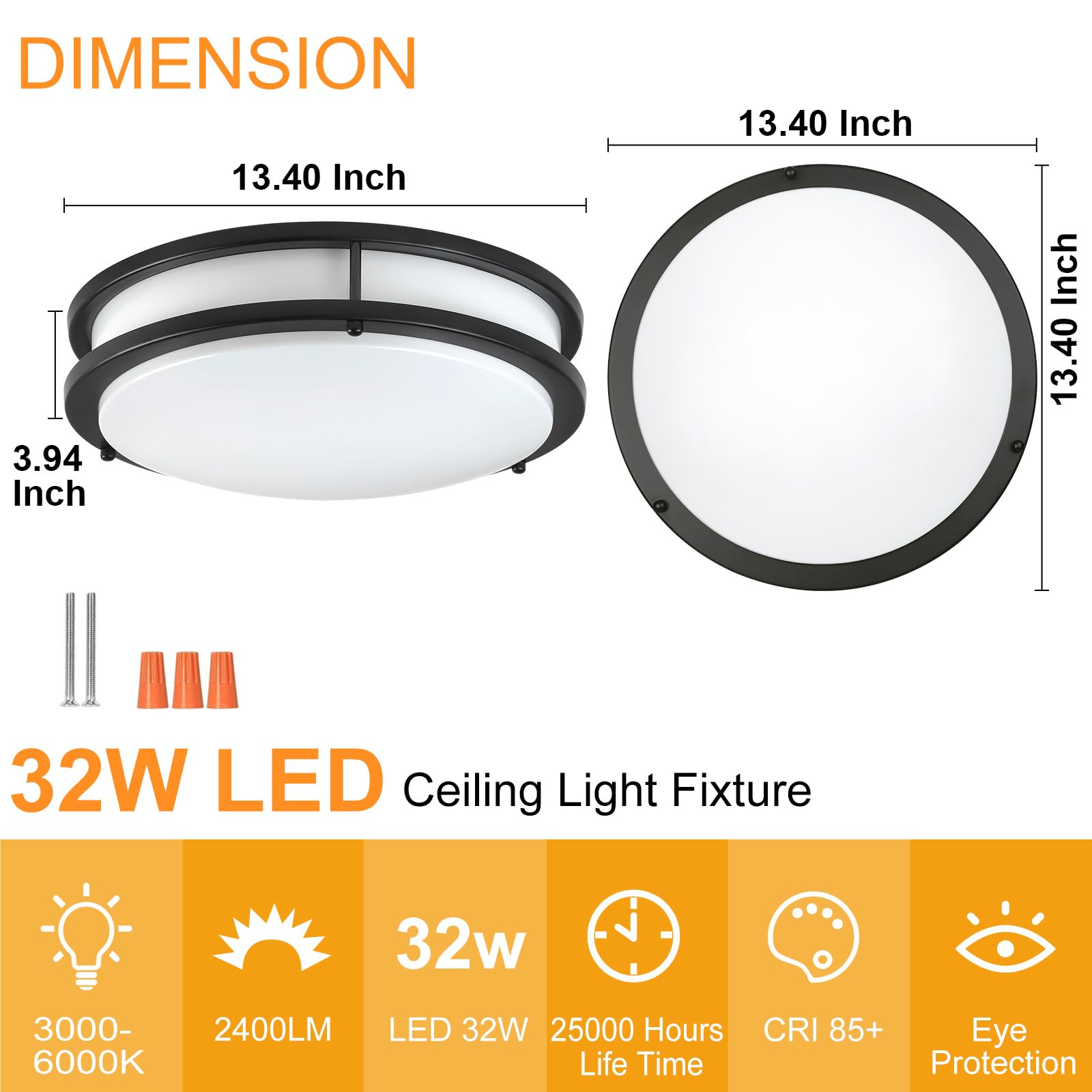 Dllt 32W Led Ceiling Light Fixture, 13In Flush Mount Ceiling Light, Black Lamp For Bedroom, Kitchen, Hallway, Closet, 3000-6000K