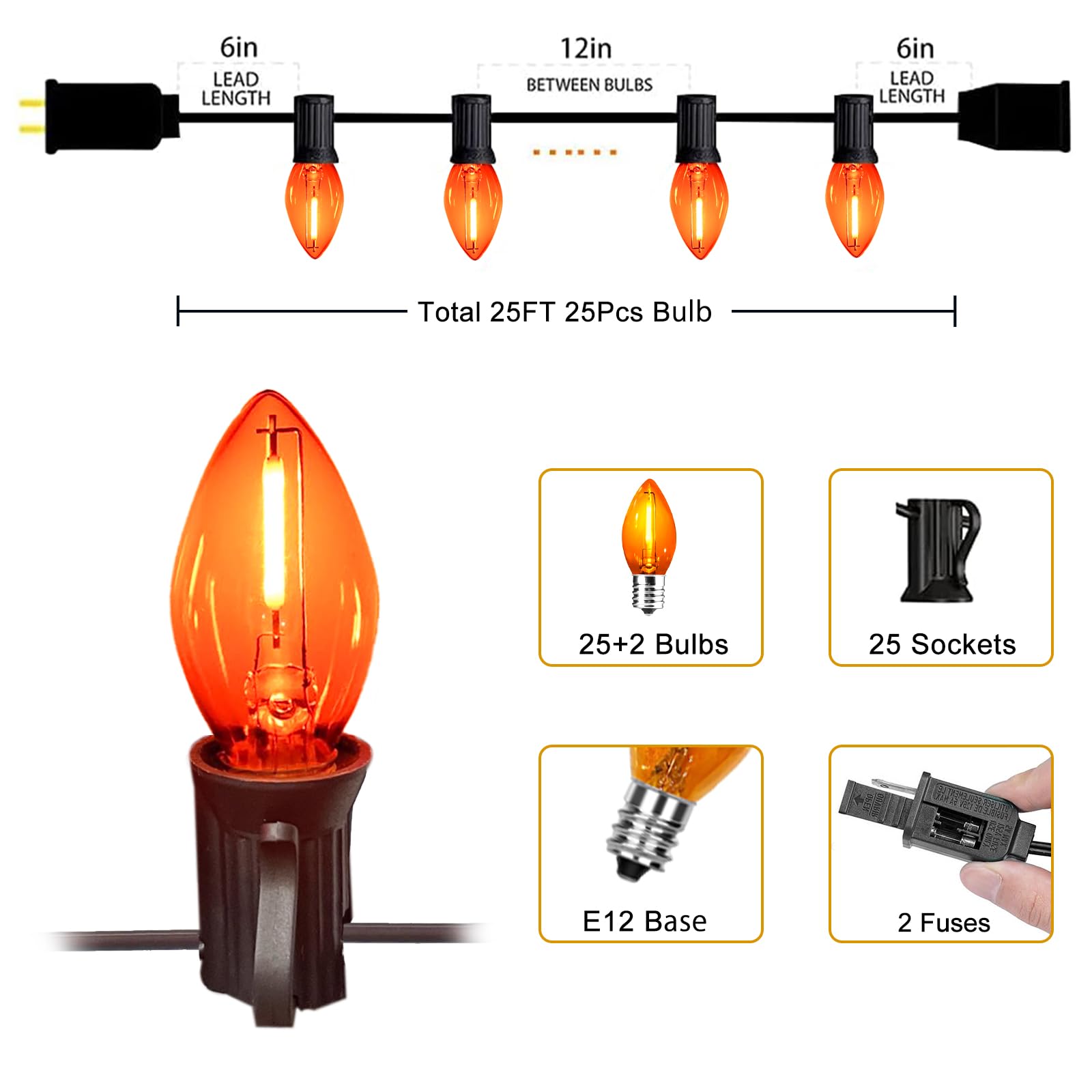 Chyparty C7 Orange Halloween Lights Outdoor  25Ft Led String Lights With 25 Bulbs  Waterproof Fall Thanksgiving Decor For Patio  Fence  Tree  Party