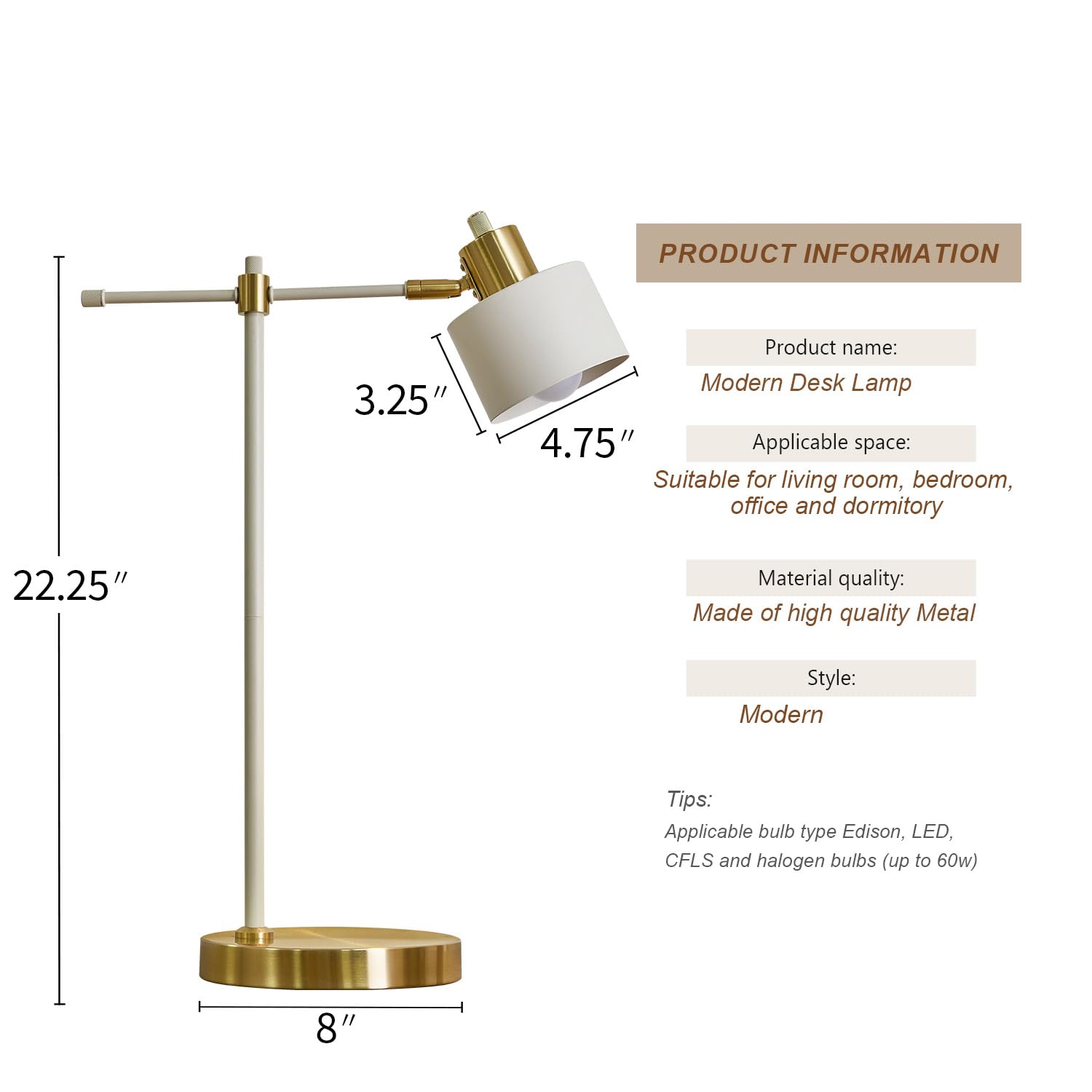 OYEARS Modern Industrial Desk Lamp - LED Metal Table Lamp for Office, Bedroom, Living Room - 22.2" - Gold & Matte Black - Bulb Included