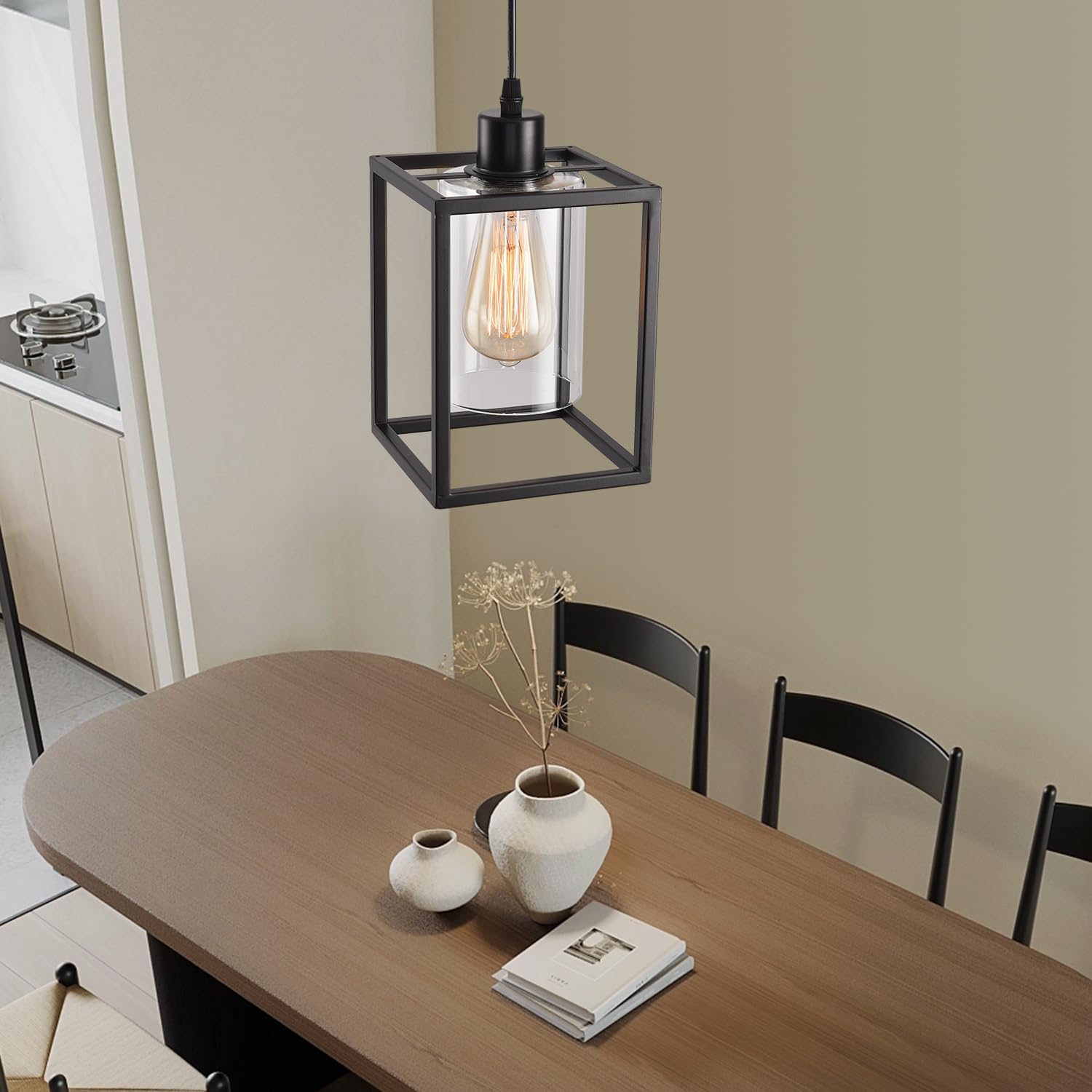 AOJUNSANSAN Black Pendant Light Fixture, Metal Glass, Adjustable Height, Industrial Lantern for Kitchen Island, Model AJ-P201