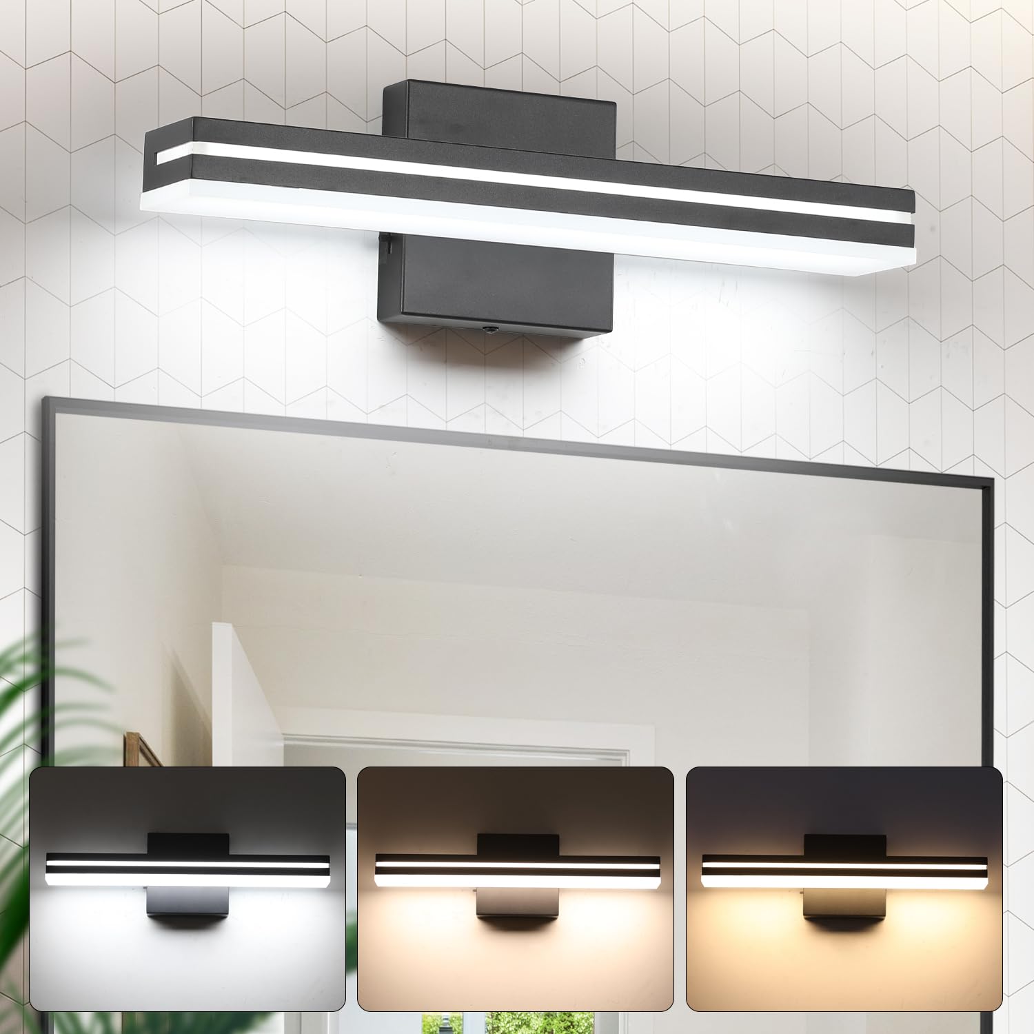 Sinerise Led Modern Bathroom Vanity Light Fixtures (16-Inch, 3000K/4000K/6000K, Dimmable), Matte Black Modern Acrylic Bathroom W