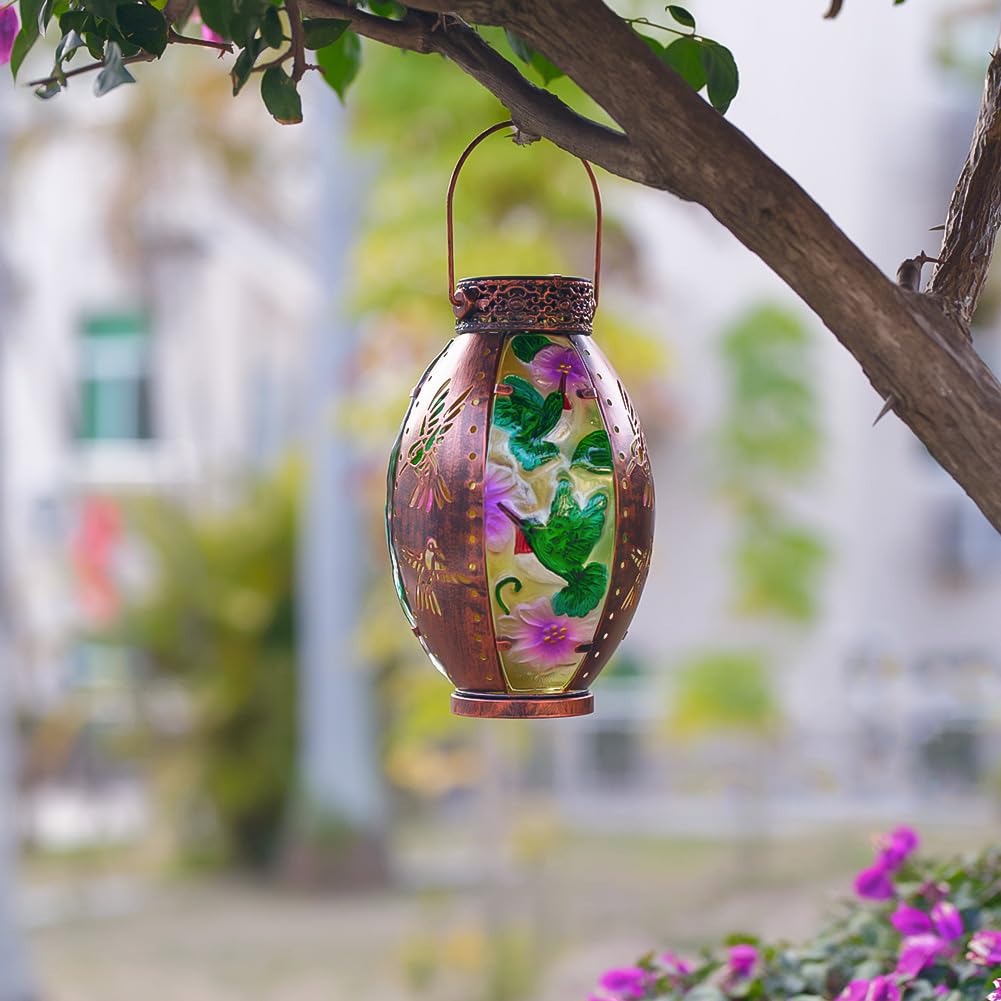Starsoul Hummingbird Solar Lantern - Waterproof Stained Glass & Metal Outdoor Decorative Lights for Patio, Garden, and Pathway