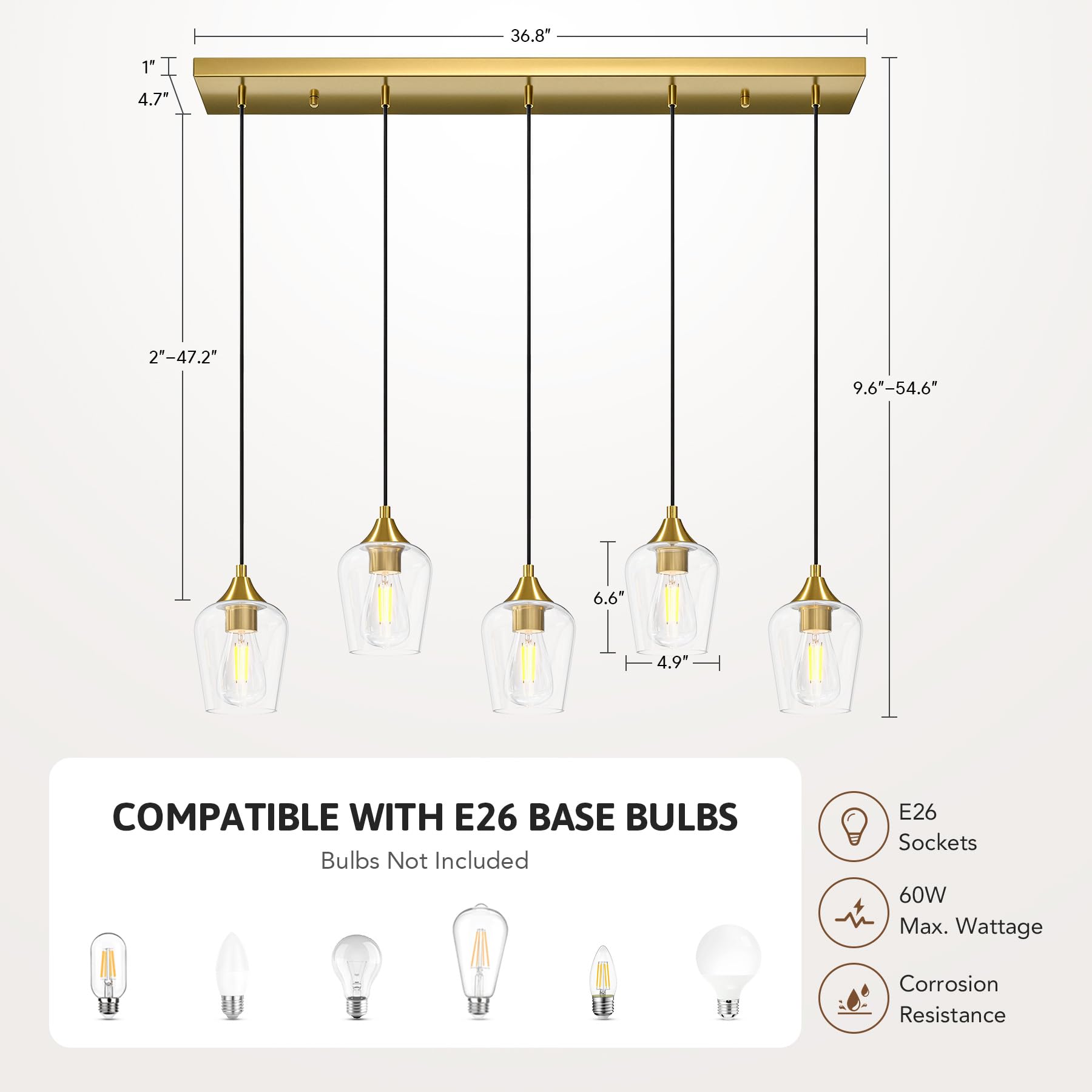 VONLUCE 5-Light Pendant Light Fixture, Modern Metal Pendant with Wine Glass Shades, Brushed Gold, Adjustable Height 10"-55"