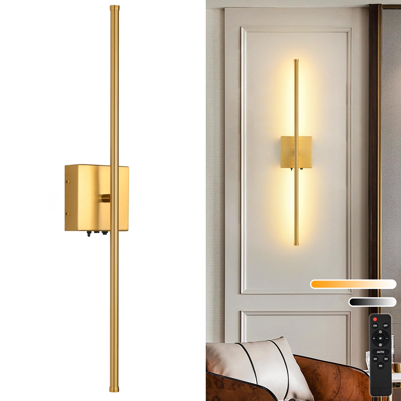 Rechargeable Battery Operated Wall Sconces, 11000Mah Wireless Brushed Gold Wall Lights With Remote Control, 350Rotate Dimmable W