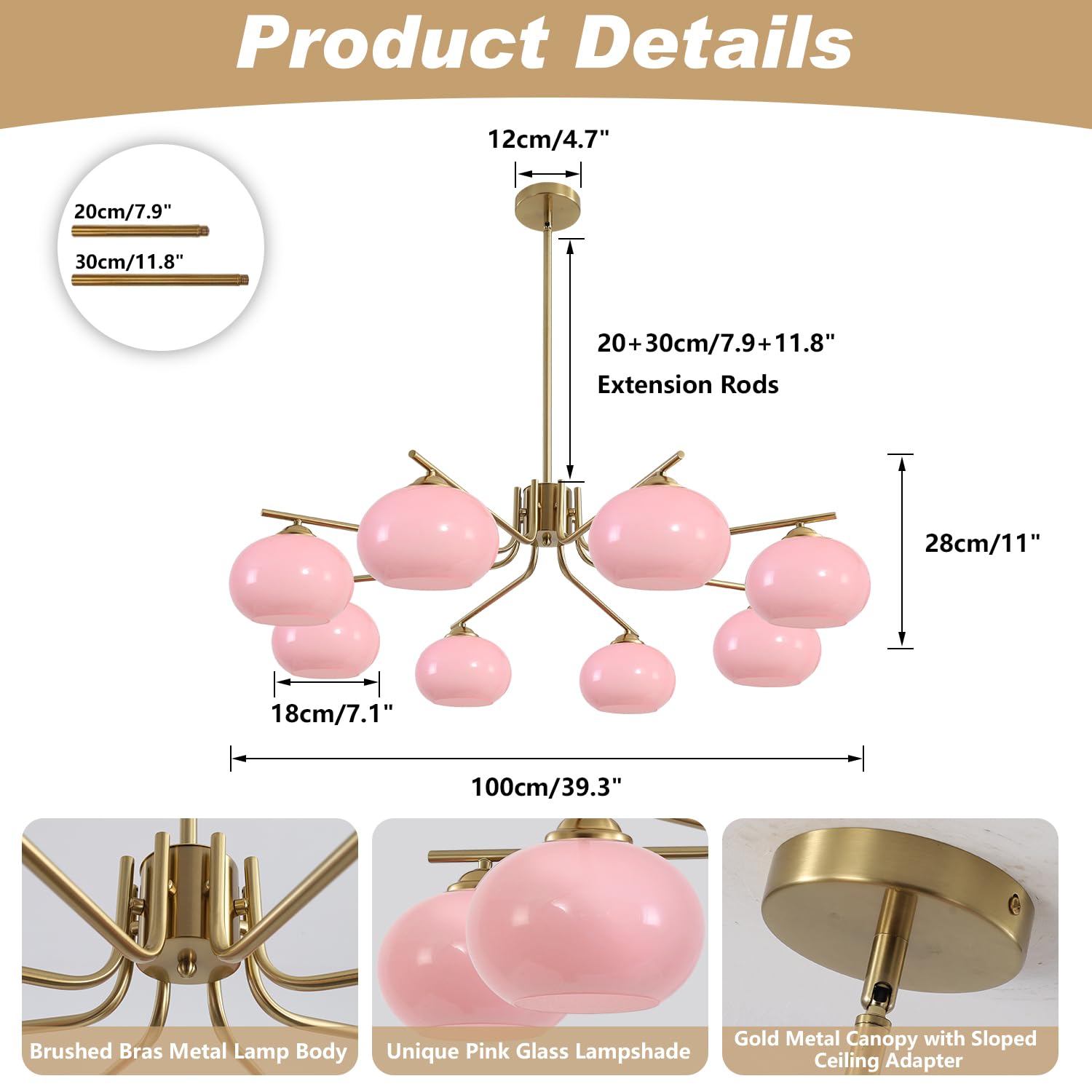 Kco 8 Light Pink Bubble Chandelier - Modern Pendant Light For Kitchen & Dining Room