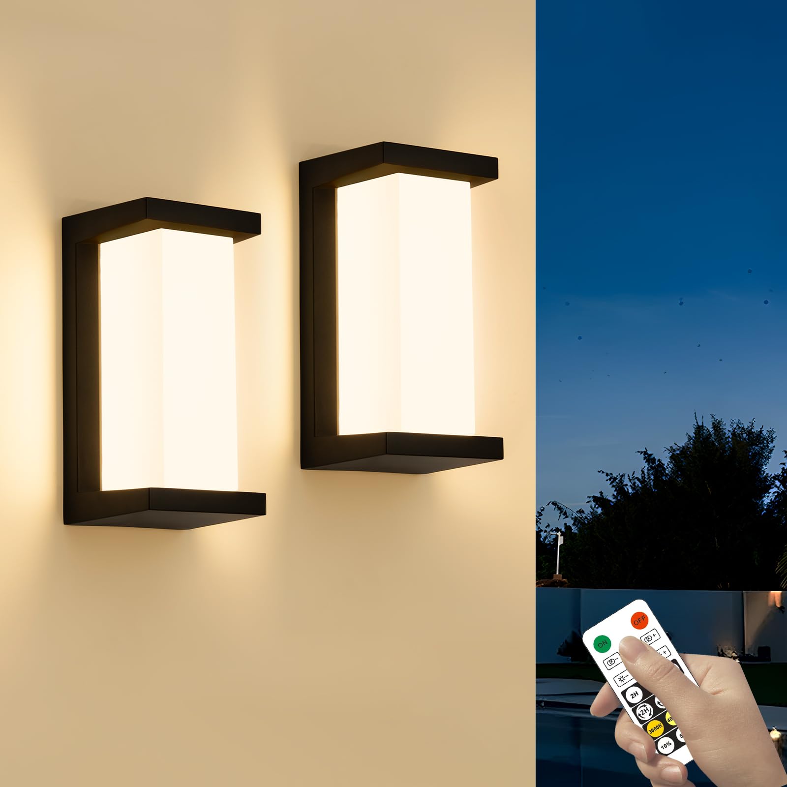 ZOOPEEN Outdoor Wall Lamp, Remote Control, 3 Color Modern Lighting, 2 Pack, Waterproof, Aluminum, Black, Model Z-3CCTRCWL