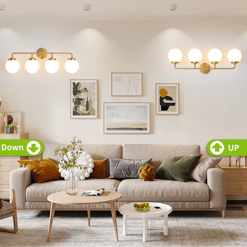 Deyidn Bathroom Light Fixtures Gold Vanity Lights Over Mirror, Modern Wall Sconce Lighting 4-Light With White Glass Globe Shade