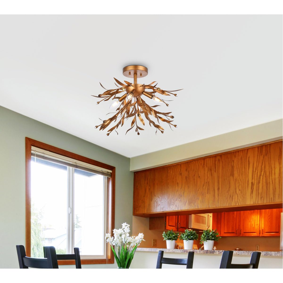 Living District 4-Light Flush Mount Light Fixture, Mid-Century Design, Steel and Crystal, Gold Leaf Finish, Model LD810F19GL