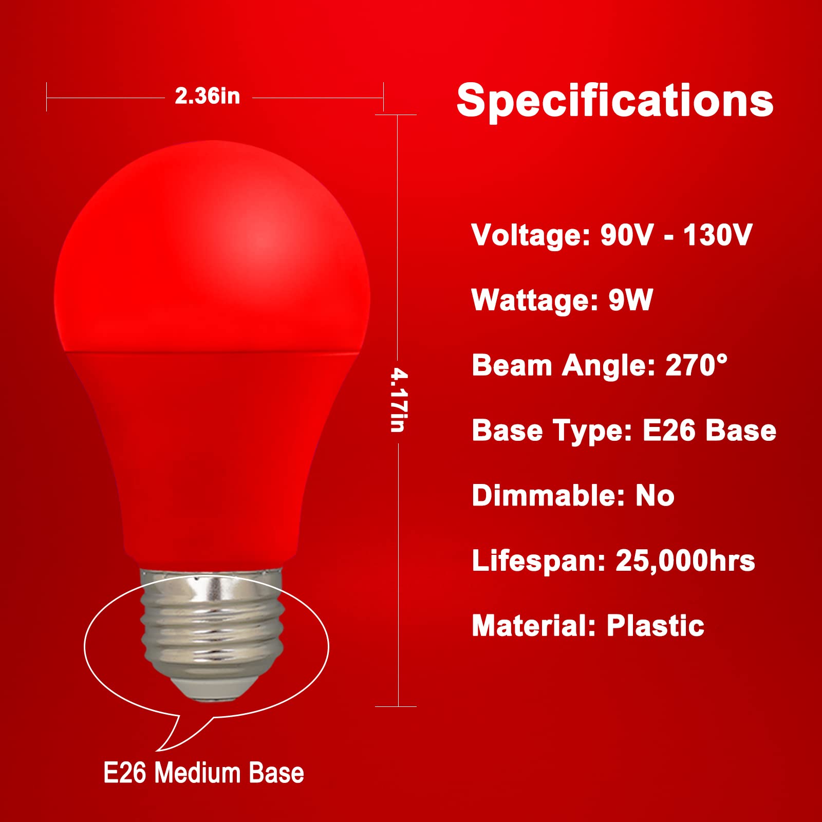 U4Glory 9W Red Led Light Bulb, A19 E26 Base, 4 Pack - Ideal For Indoor/Outdoor