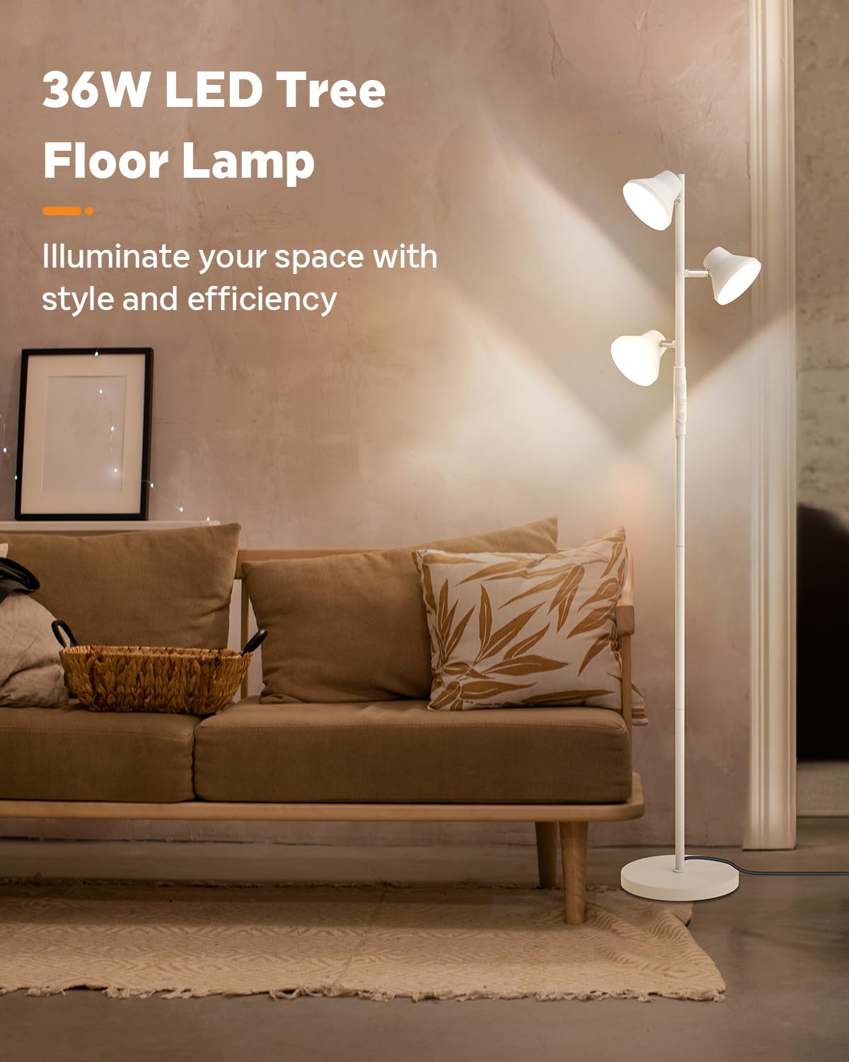 SIBRILLE 36W Dimmable White Floor Lamp, 3 Rotatable LED Lights, Touch & Remote Control, Model FLH-036-F2