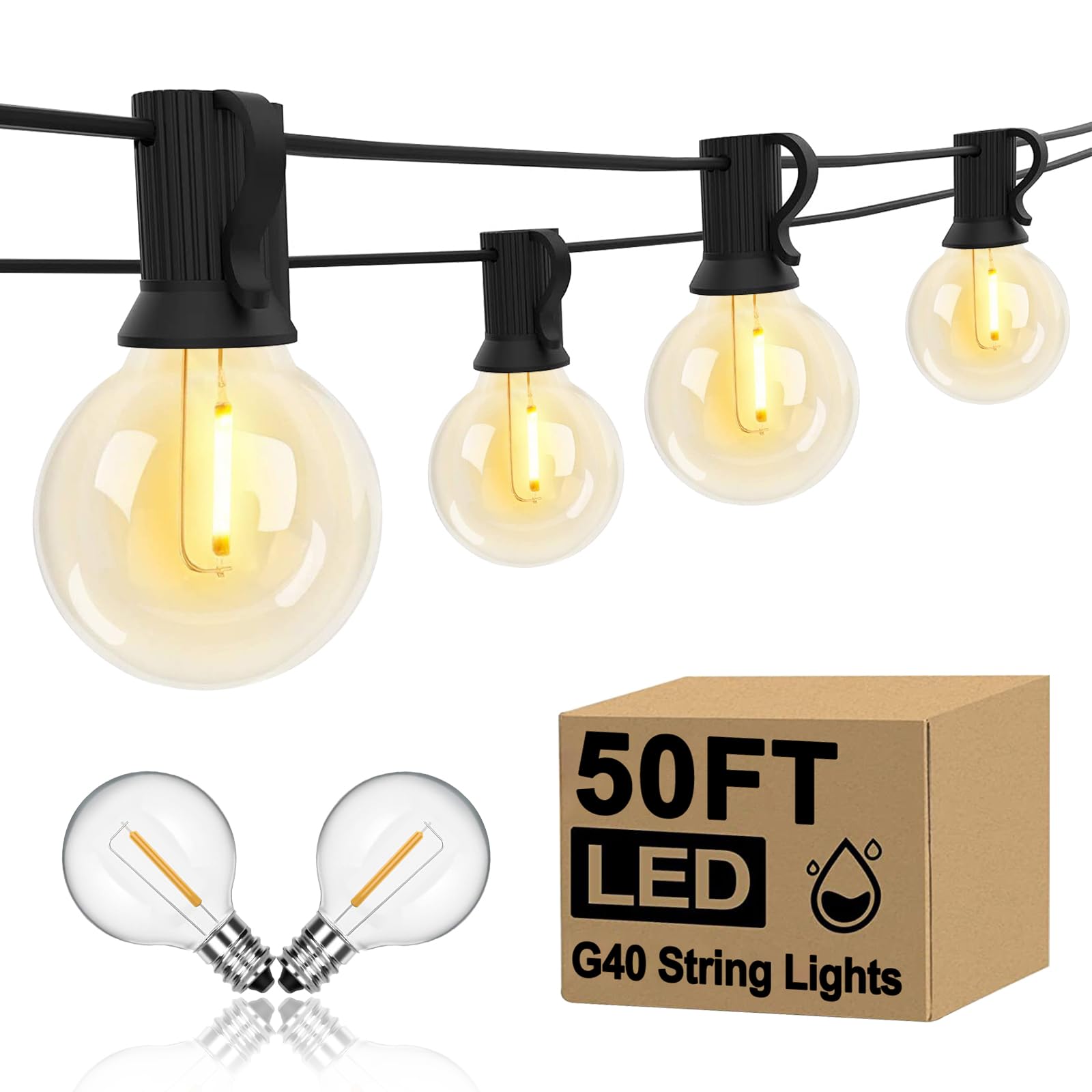 GOOTHY G40 LED Outdoor String Lights, 50Ft, Black, Waterproof with 52 Shatterproof Globe Bulbs for Patio, Cafe, and Commercial Decor