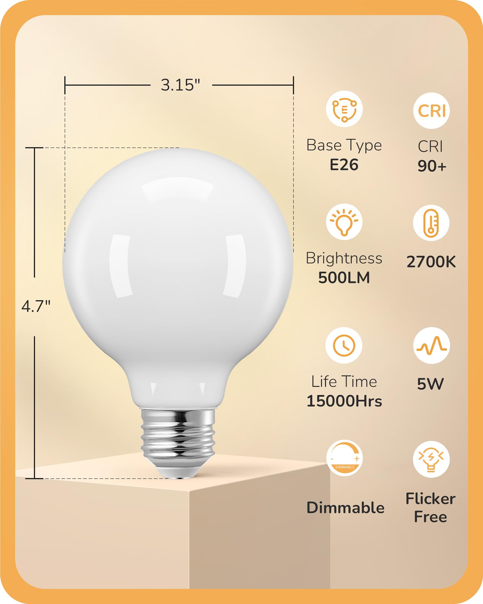 Edishine Dimmable G25 Globe Led Edison Light Bulb, 5W Equivalent 60W, Cri90+ Vanity Light Bulbs, Milky Glass Led Light Bulb For