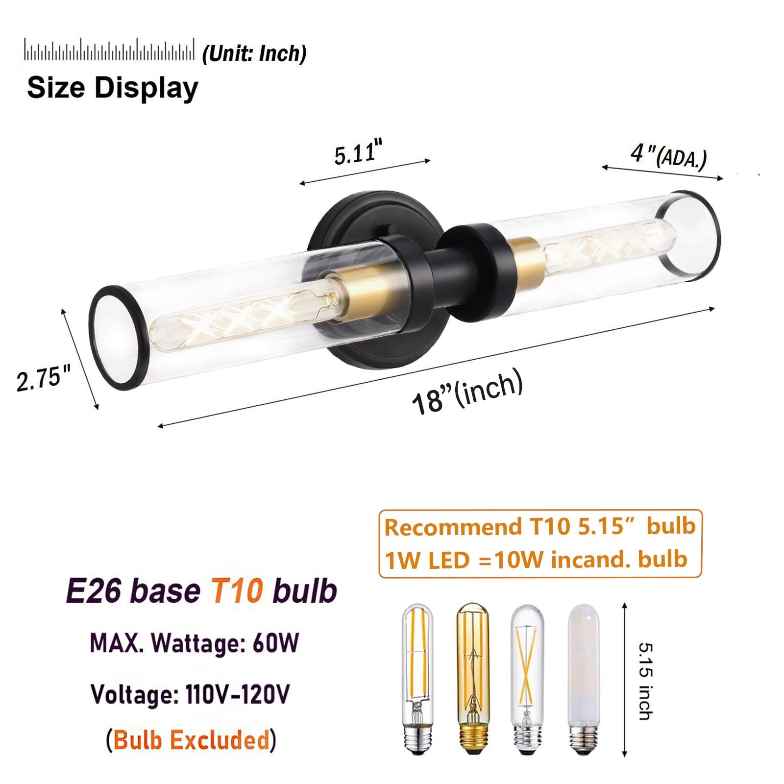 Mecuss Wall Sconces Lighting 2-Light Industrial Vanity 18in Black & Gold Metal Model V01-BK