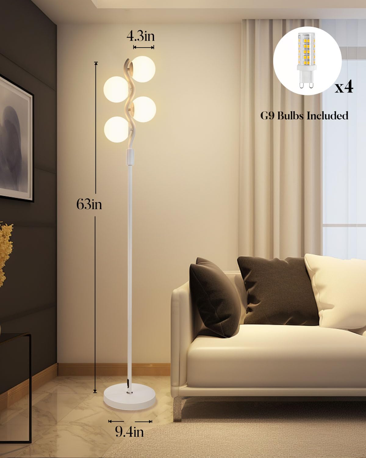 Lightdot 64In Dimmable (Brightness Adjustable) Globe Floor Lamp, White Pole Standing Lamps 3000K 4Pcs G9 Bulbs Soft Warm White E