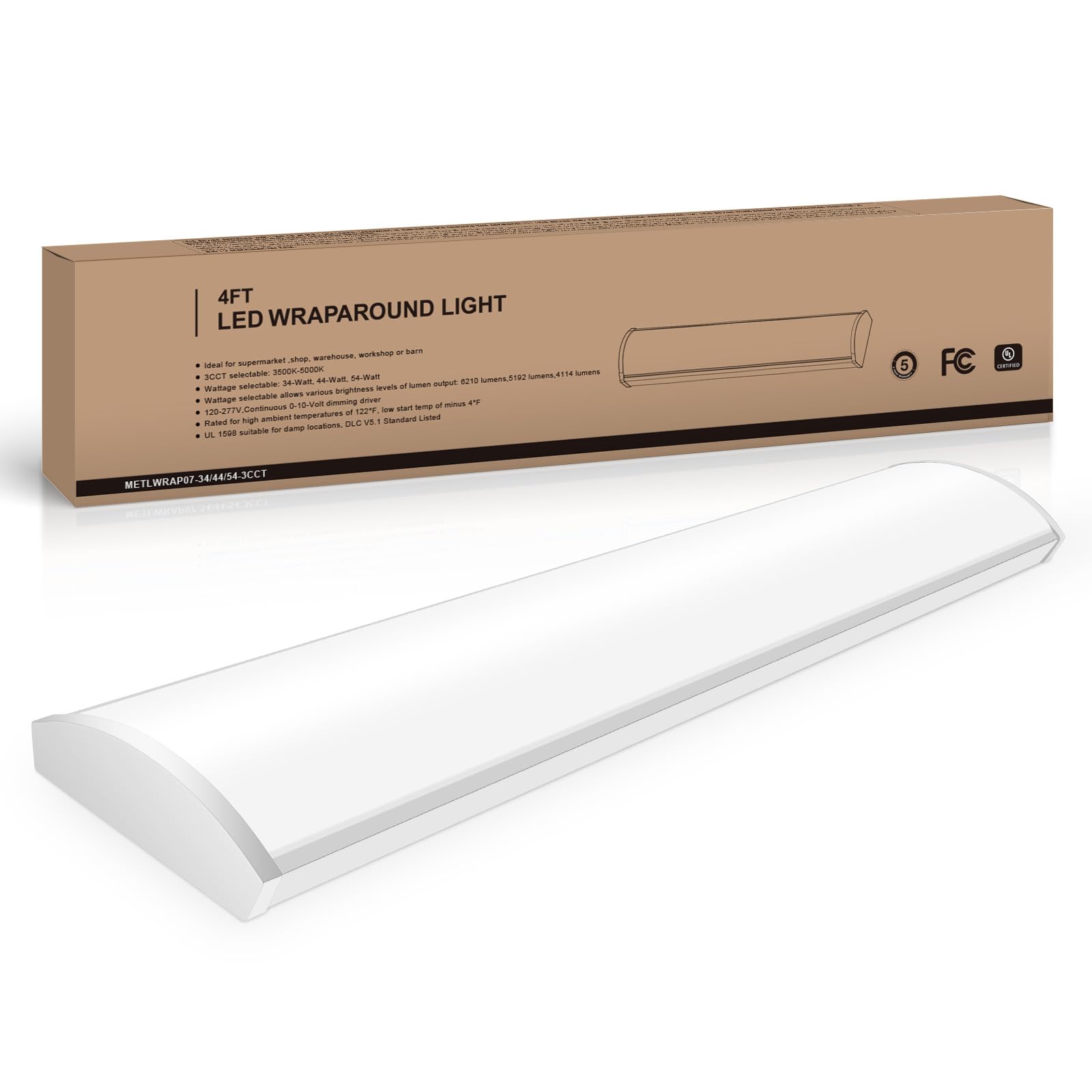 4FT LED Wraparound Light Fixture, 48 inch Kitchen Lighting Fixtures Ceiling, 54W 6210LM,3500/4000/5000K, 120-277V Commercial Ele