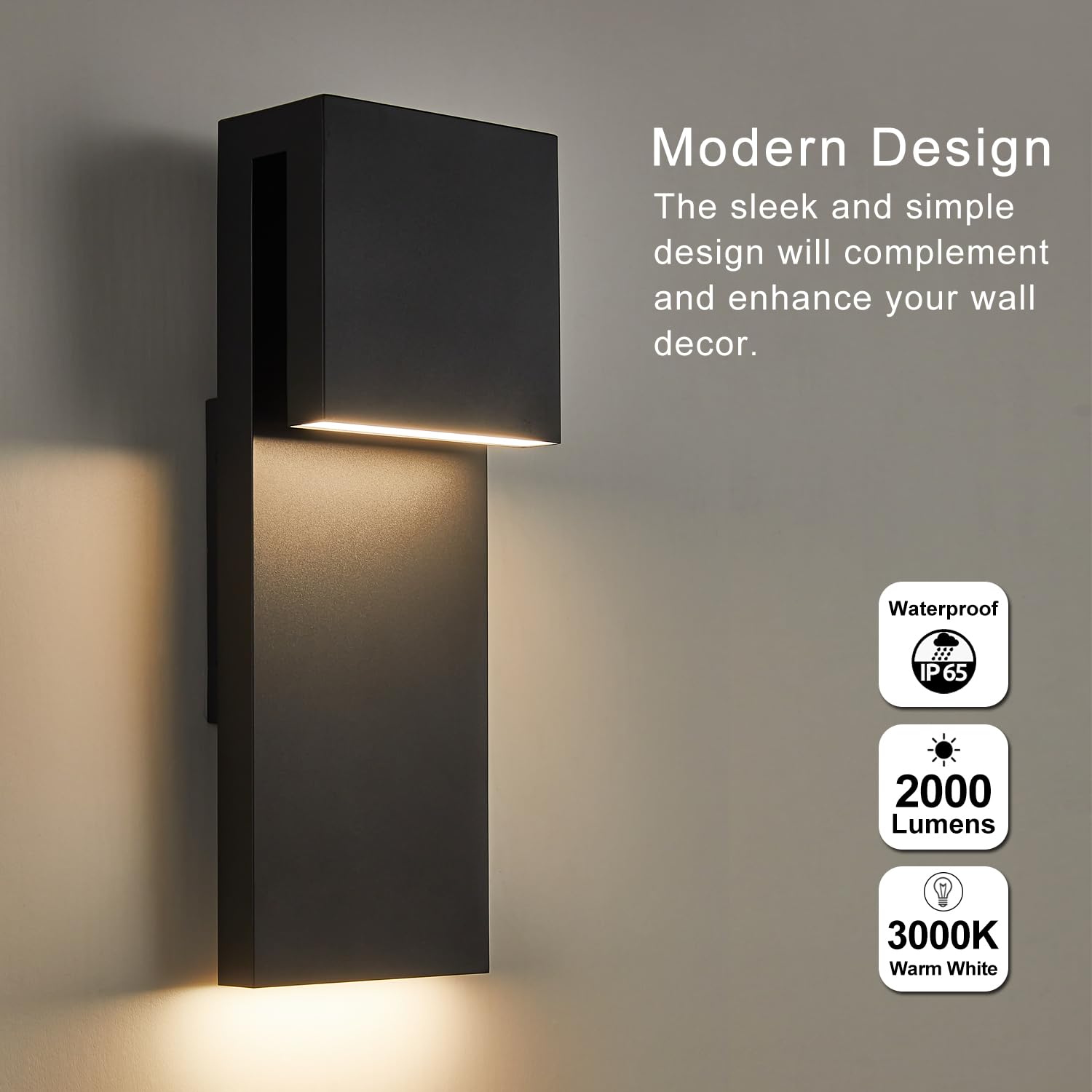 Tarentlight Modern LED Outdoor Wall Sconce 3000K 17W Black Iron, Anti-Rust, Wet Location, Easy Install, Model W2304LED-BK