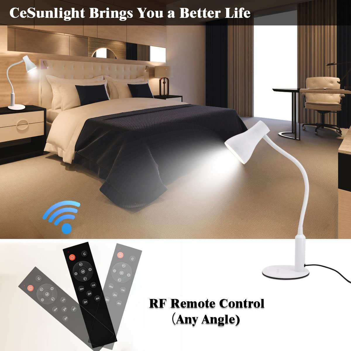 CeSunlight LED Desk Lamp, 10W, 3 Lighting Modes, 6 Brightness Levels, Remote Control, Flexible Gooseneck, White, Model: Remote_Desk_Lamp_