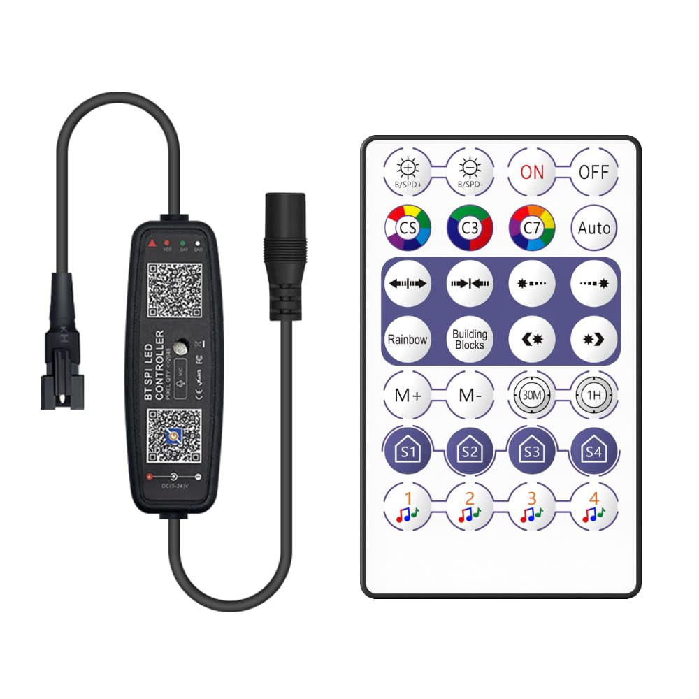 Xnbada WS2812B LED Controller, Bluetooth Music App Control, 28 Keys Remote, DC12-24V, Black, Model 28#DC MIC