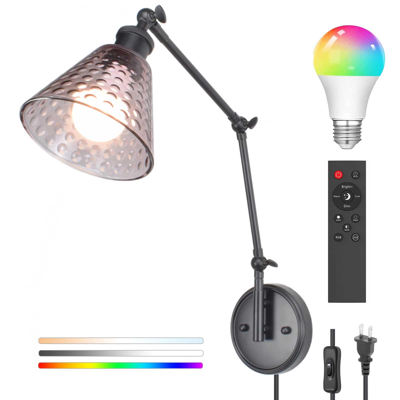 BARSUNS Swing Arm Wall Sconce, Polka Dots Glass Lampshade, Adjustable Brightness Temperature Wall Lamp with Remote Control LED B