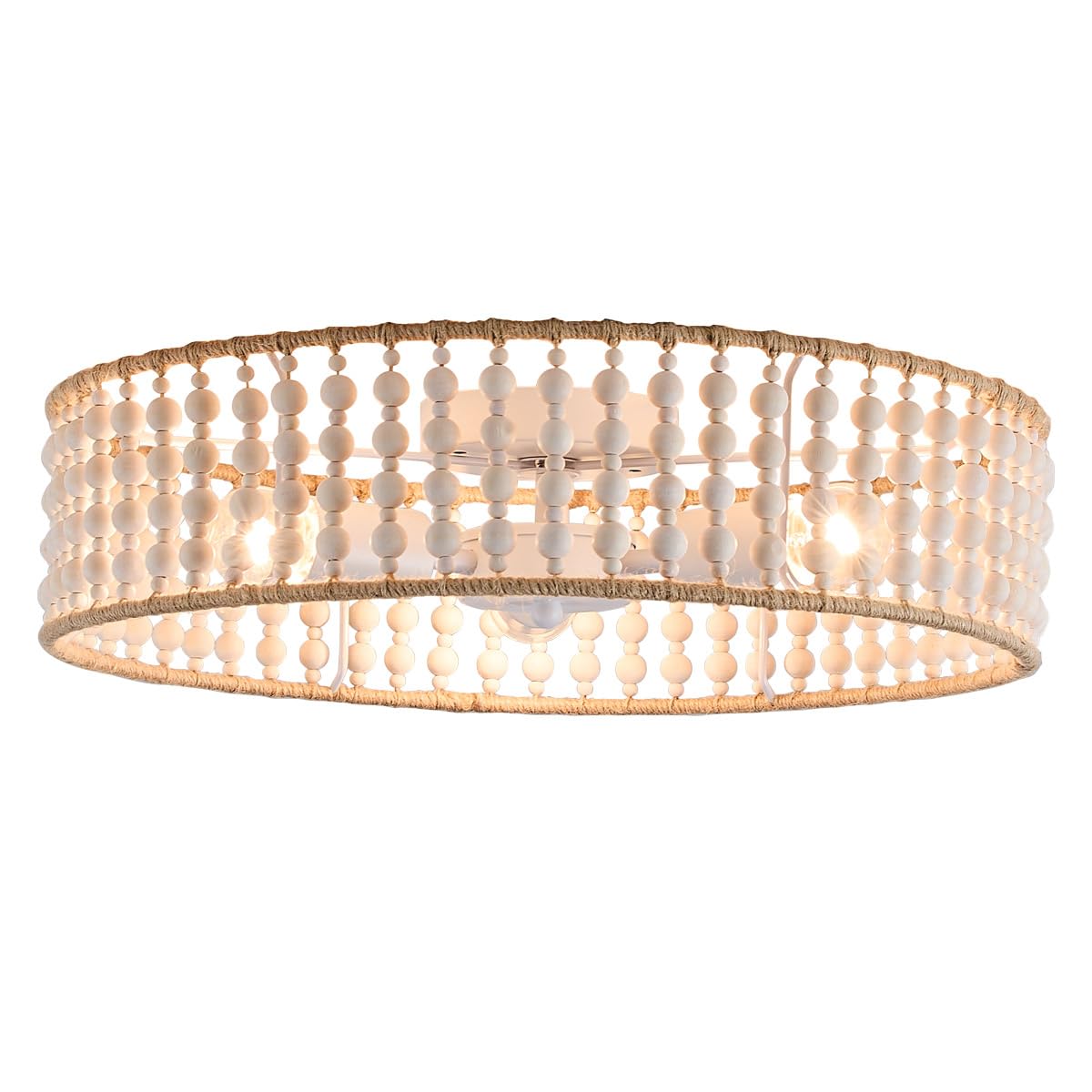 18 Boho Drum Chandelier 3 Lights Semi Flush Mount Ceiling Light Farmhouse Rattan Wood Beaded Hanging Pendant Lighting Fixture for Dining Room Living Room Kitchen Bedroom Entryway