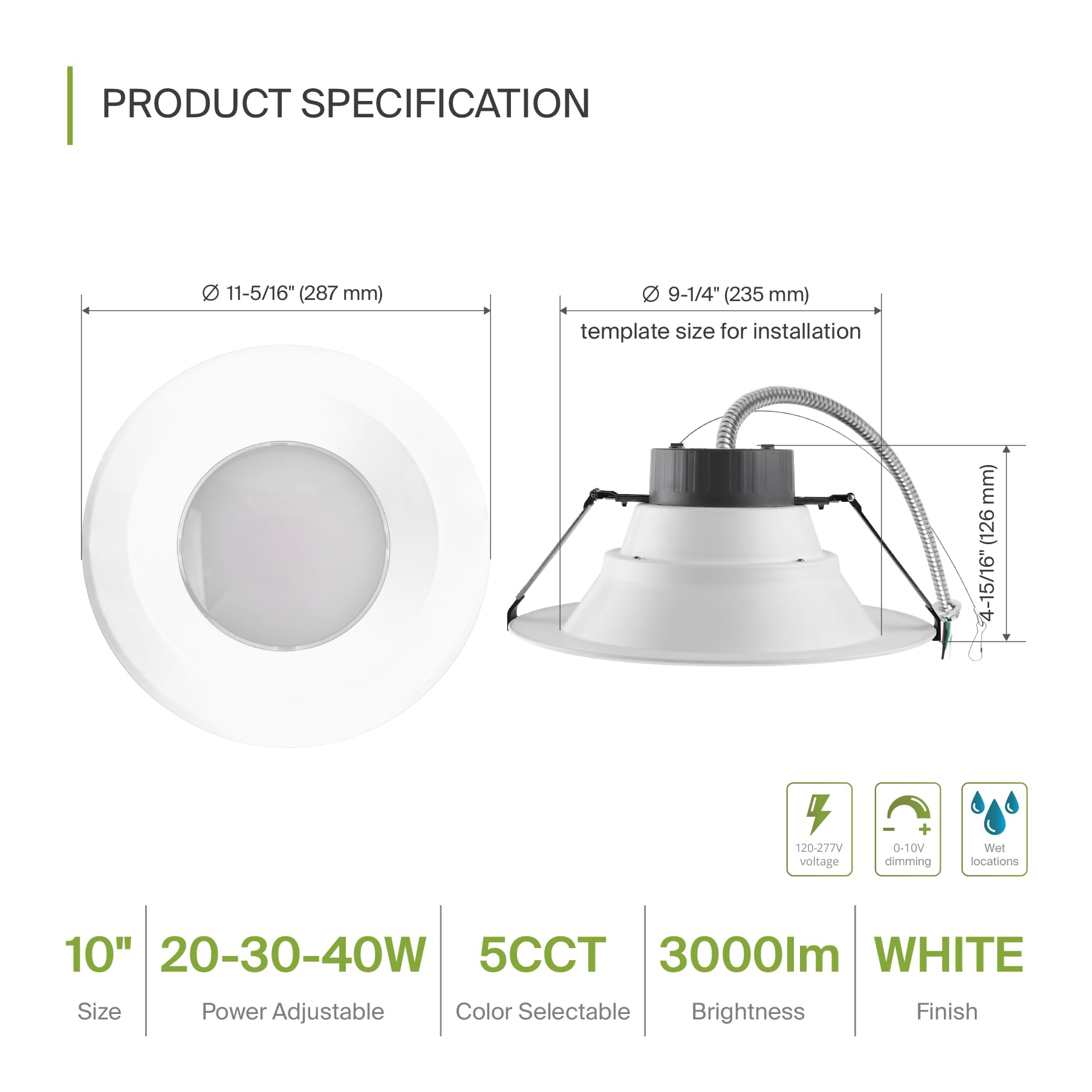 Asd 9/10 Inch Commercial Canless Led Downlight  Power Adjustable 20/30/40W Lighting  Round Dimmable Recessed Ceiling Light Fixture  5 Cct 2700K-5000K  120-277V Ic Rated Ul & Energy Star