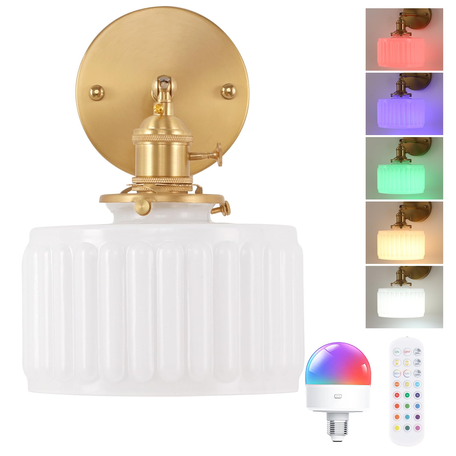Shenmoyl Vintage Wall Sconce, Rechargeable Battery Powered, Remote Control, 5000 mAh, White Striped Glass, Brass, Battery Operated, 1 Pack