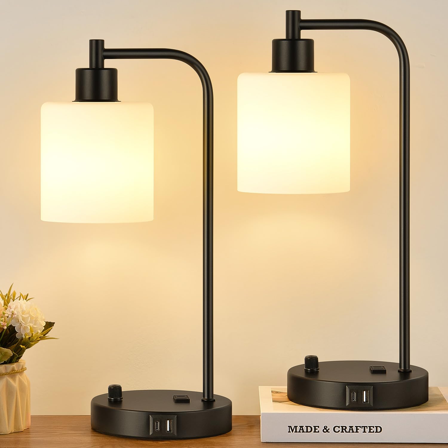 Set Of 2 Industrial Table Lamps With Usb C+A Ports And Outlet, Black Fully Stepless Dimmable Bedside Lamps, Nightstand Lamp With