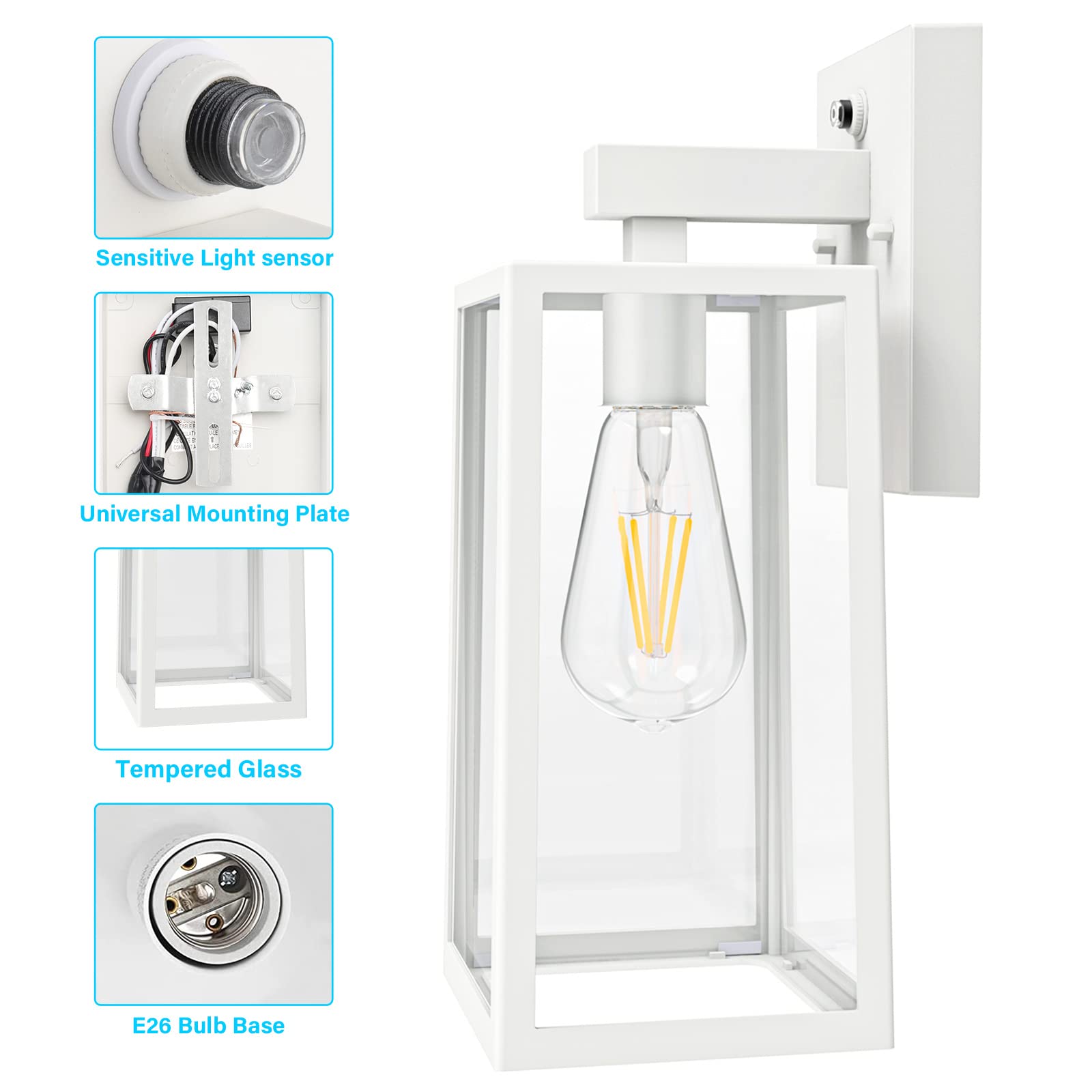 SHINE HAI Dusk to Dawn Outdoor Wall Lantern, Waterproof Sconce Light, E26 Socket, Large, White, Model 2032T-LS, 2 Pack