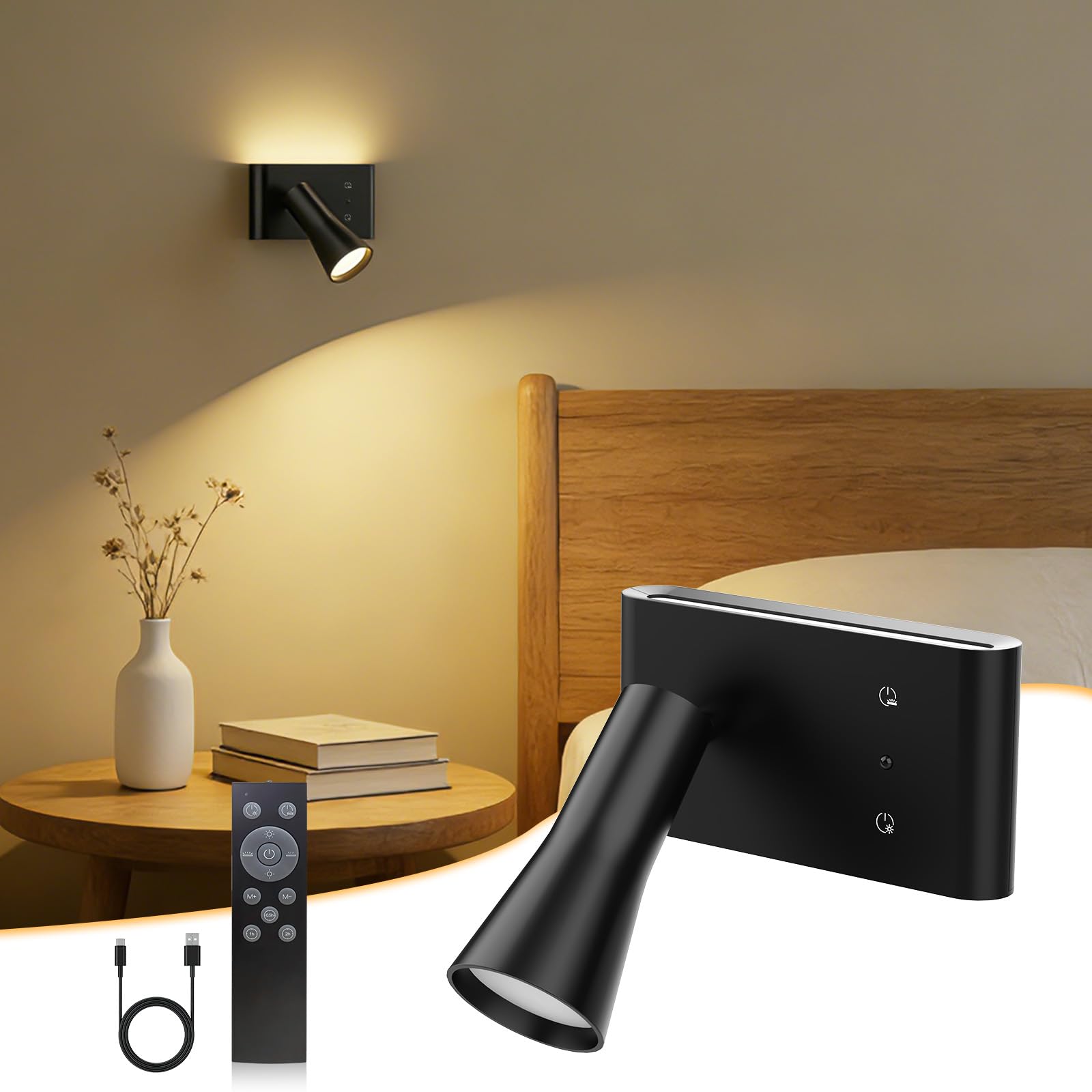 Fuligent Wall Sconce Battery Operated Reading Lights, 10000mAh Rechargeable Wireless LED Wall Lights, 3 Color Temperatures Dimma