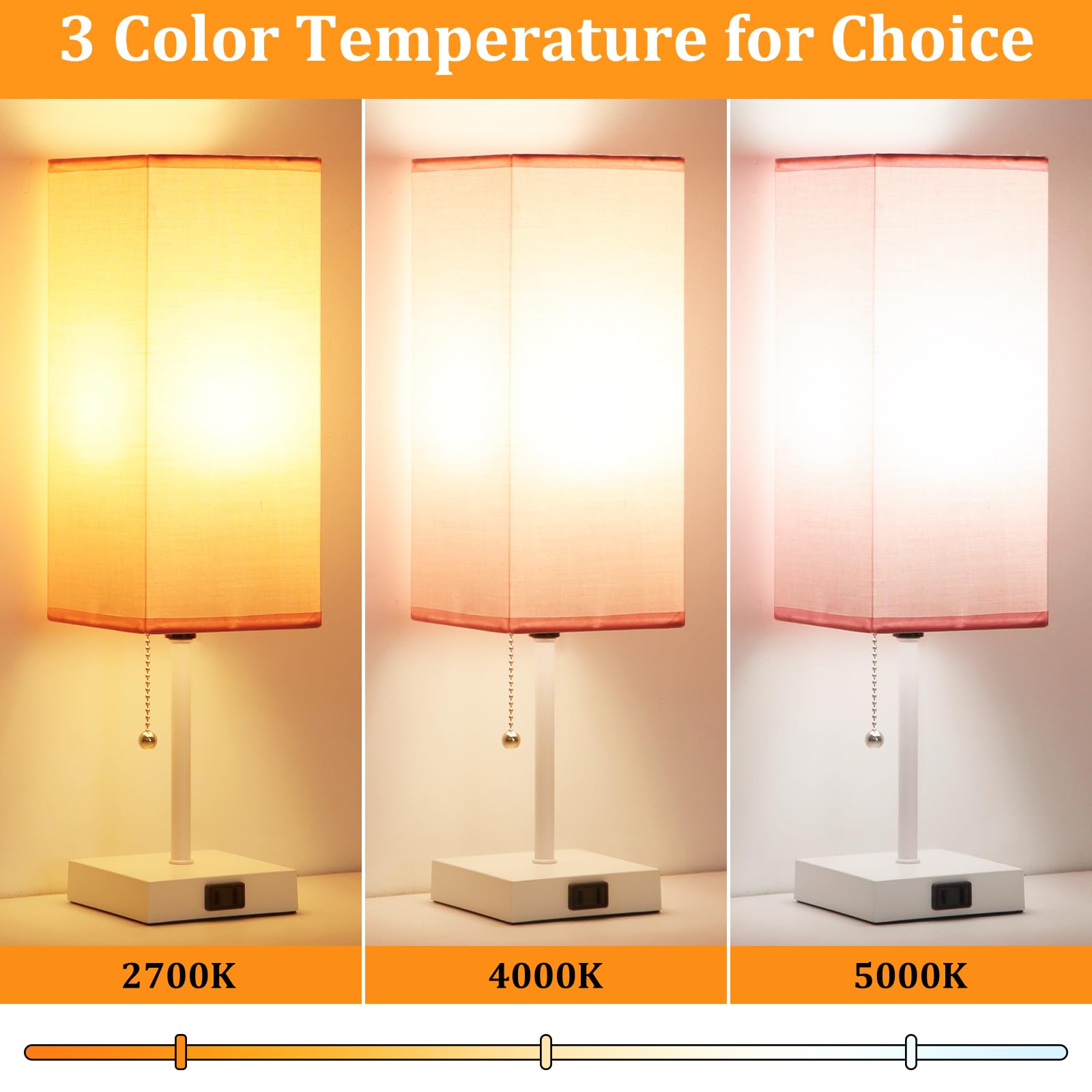 Dott Arts Table Lamp Set of 2, 18in Plastic Nightstand Lamps with Pull Chain, 3 Colors, White-Pink, Model PTL6W-025