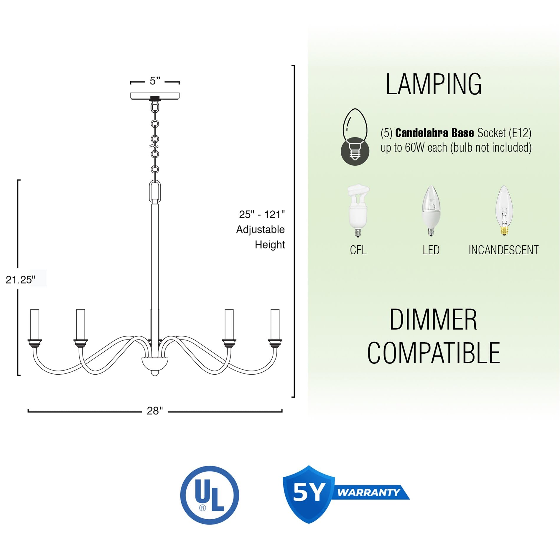 Kira Home 28" 5-Light Modern Chandelier, Brushed Nickel Finish, Curved Arms, Adjustable Height, Model RVY-CC7006-5-BN