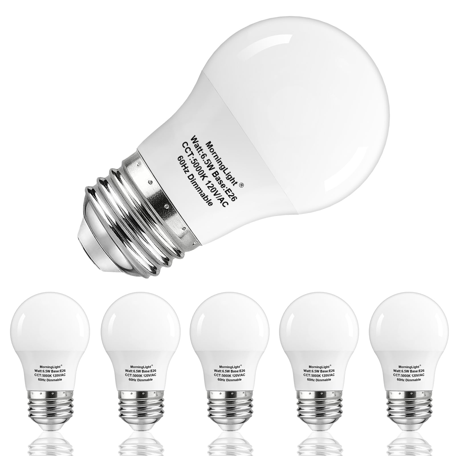 Morninglight A15 Light Bulb Daylight 60 Watt Equivalent, E26 Small Light Bulb Daylight 5000K, Dimmable 6.5 Watt Led Bulb For Cei