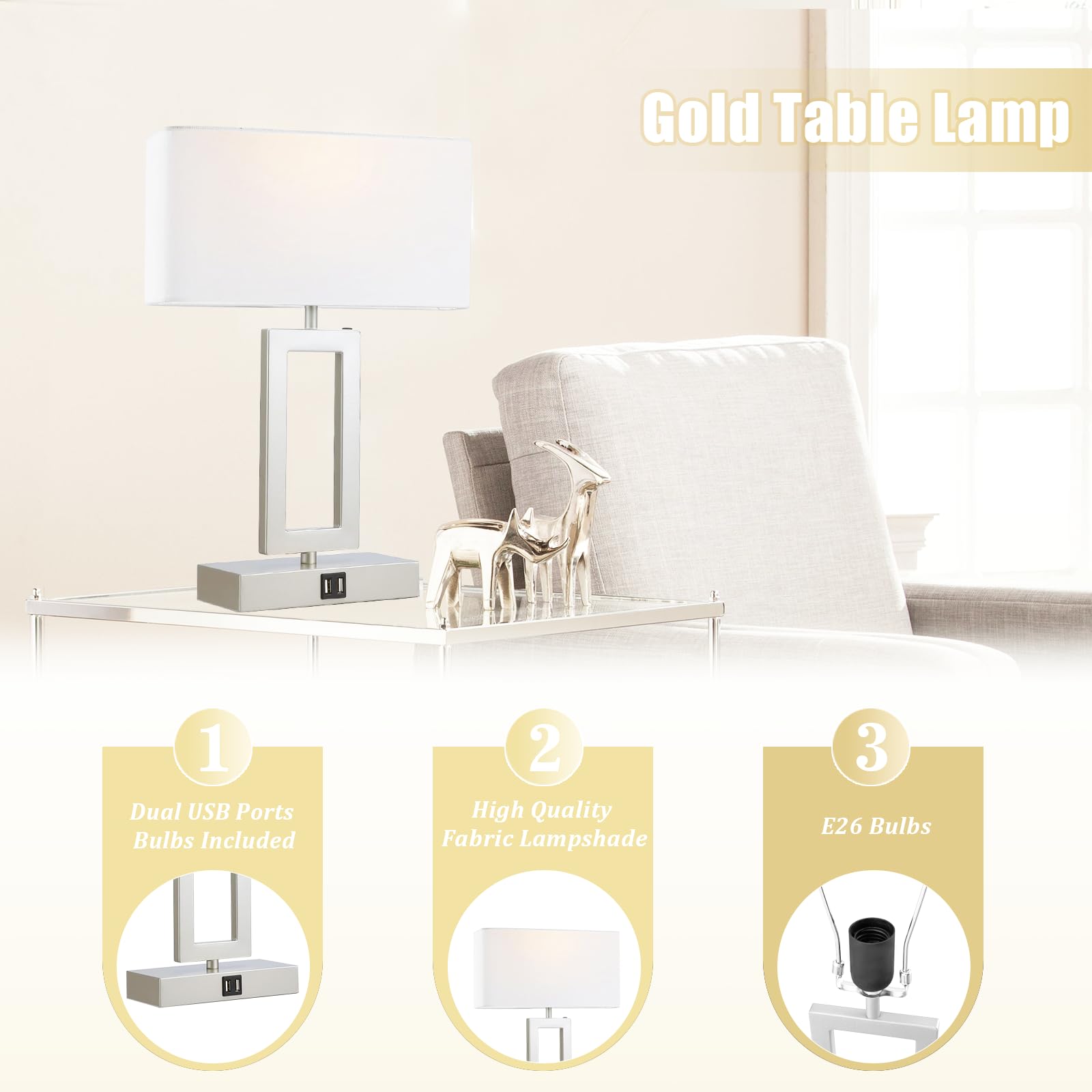 gernehop Silver Table Lamps Set of 2 - 3-Way Dimmable Touch Control, 16" Medium, USB Ports, Nightstand LED Bulbs Included