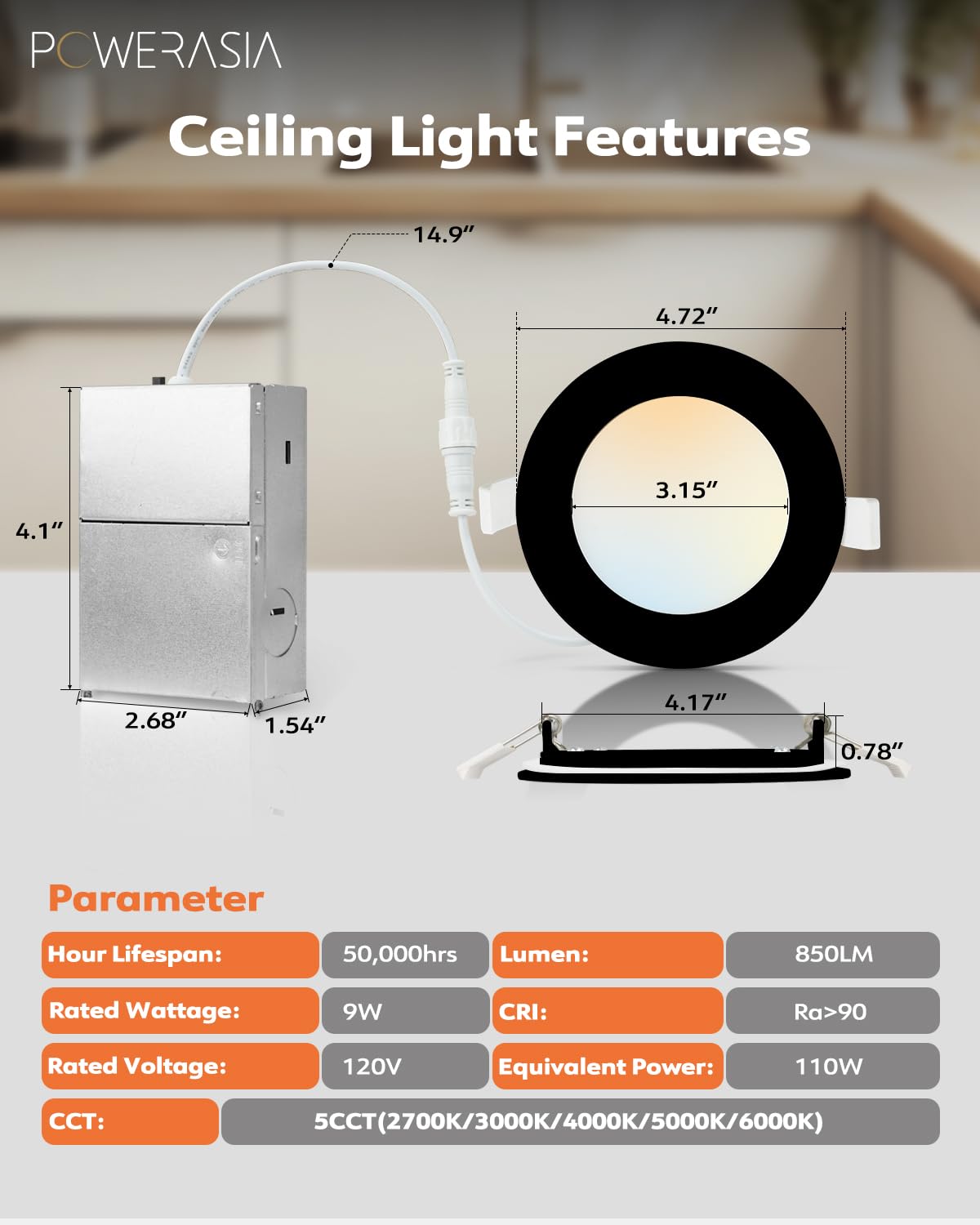 POWERASIA 12 Pack Recessed Lighting, 4 Inch, Dimmable LED, 5CCT, 9W, Ultra Thin, Black, ETL and Energy Star Certified