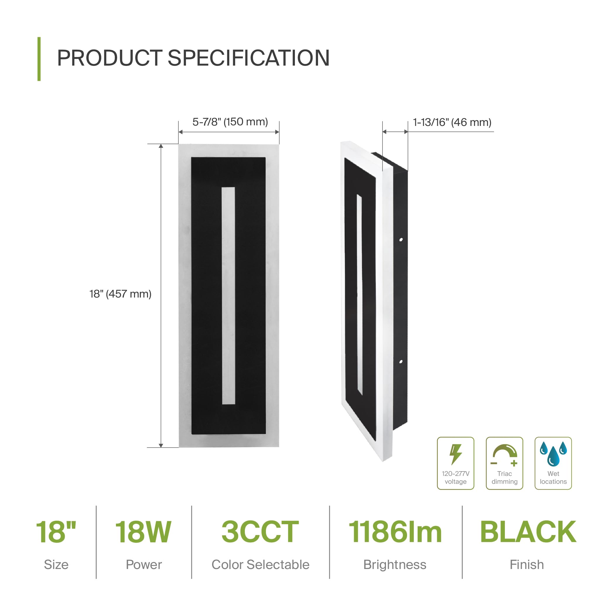 ASD LED Wall Light Fixture 18W 1180LM Dimmable 3CCT 18 Inch Black 2 Pack
