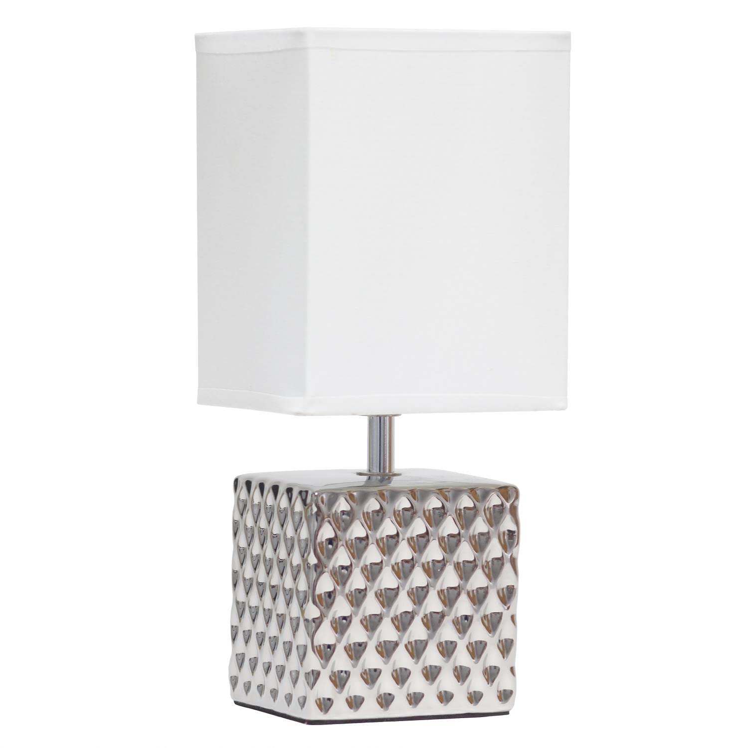 Simple Designs LT1131-CHR Chrome Square Bedside Table Desk Lamp, 11.81in Tall, Ceramic with White Fabric Shade