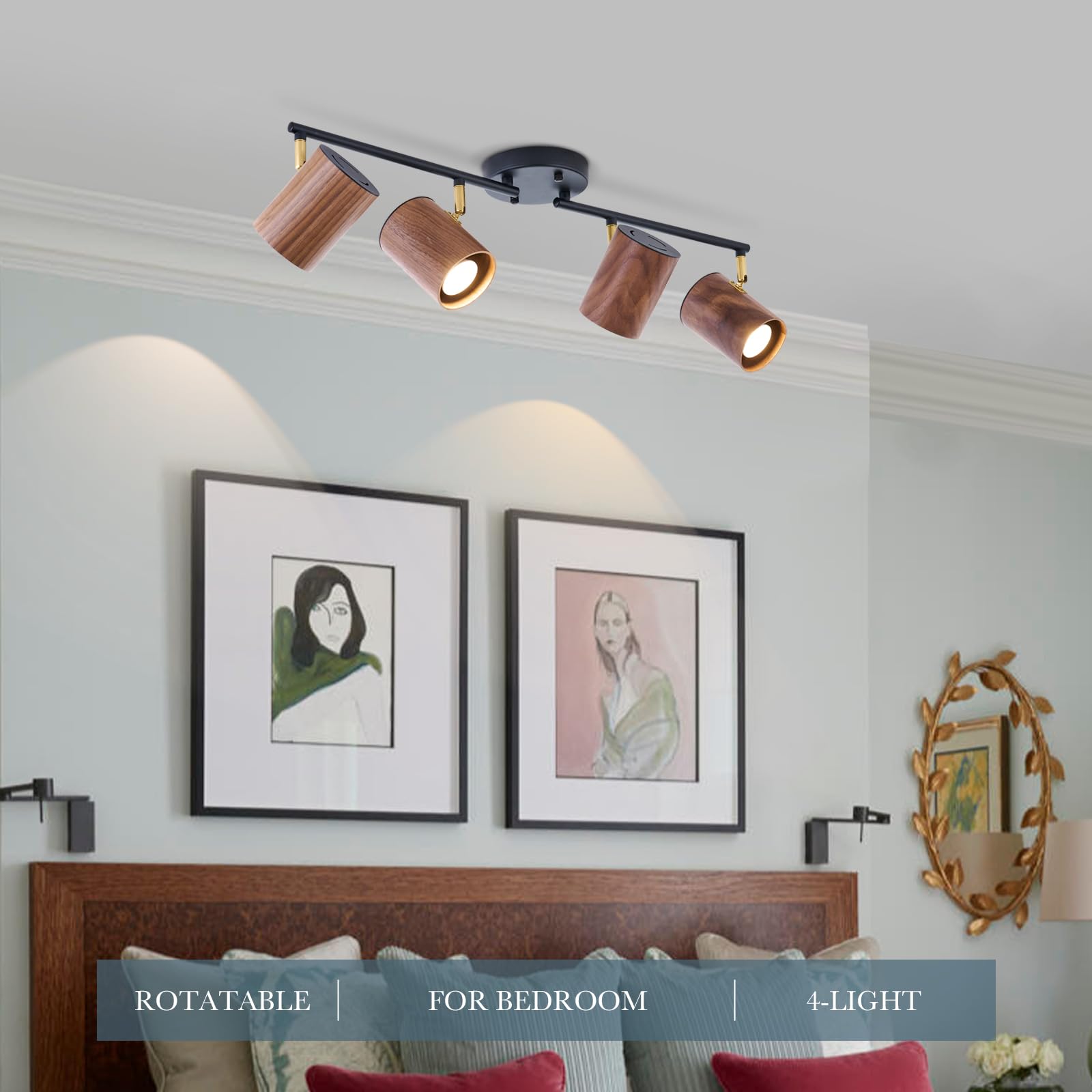 Modern 4-Light Track Lighting Kit Fixture, Adjustable Matte Black Finish And Dark Wood Lampshade Ceiling Light, Brass Swivel Ite