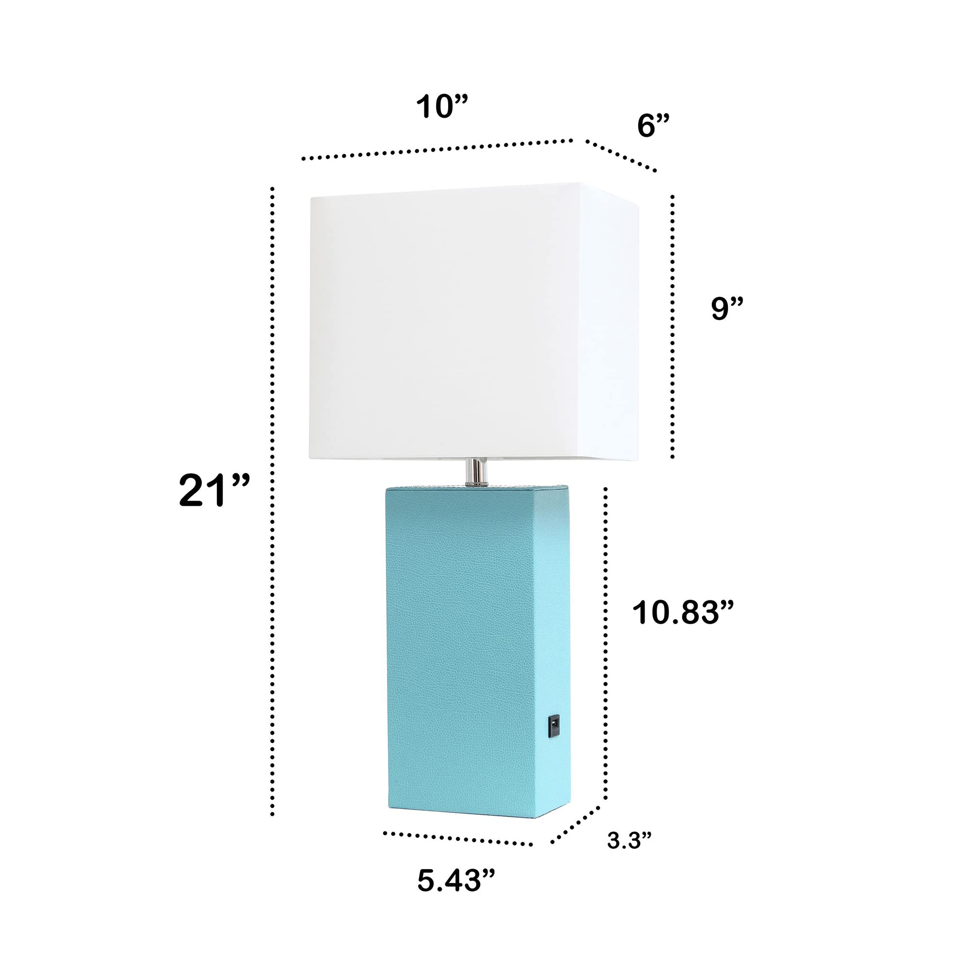 Lalia Home Bedside Table Lamp with USB Charging Port, 21in Aqua Leather Base, White Fabric Shade, Model 1270-LHT-3012-AU