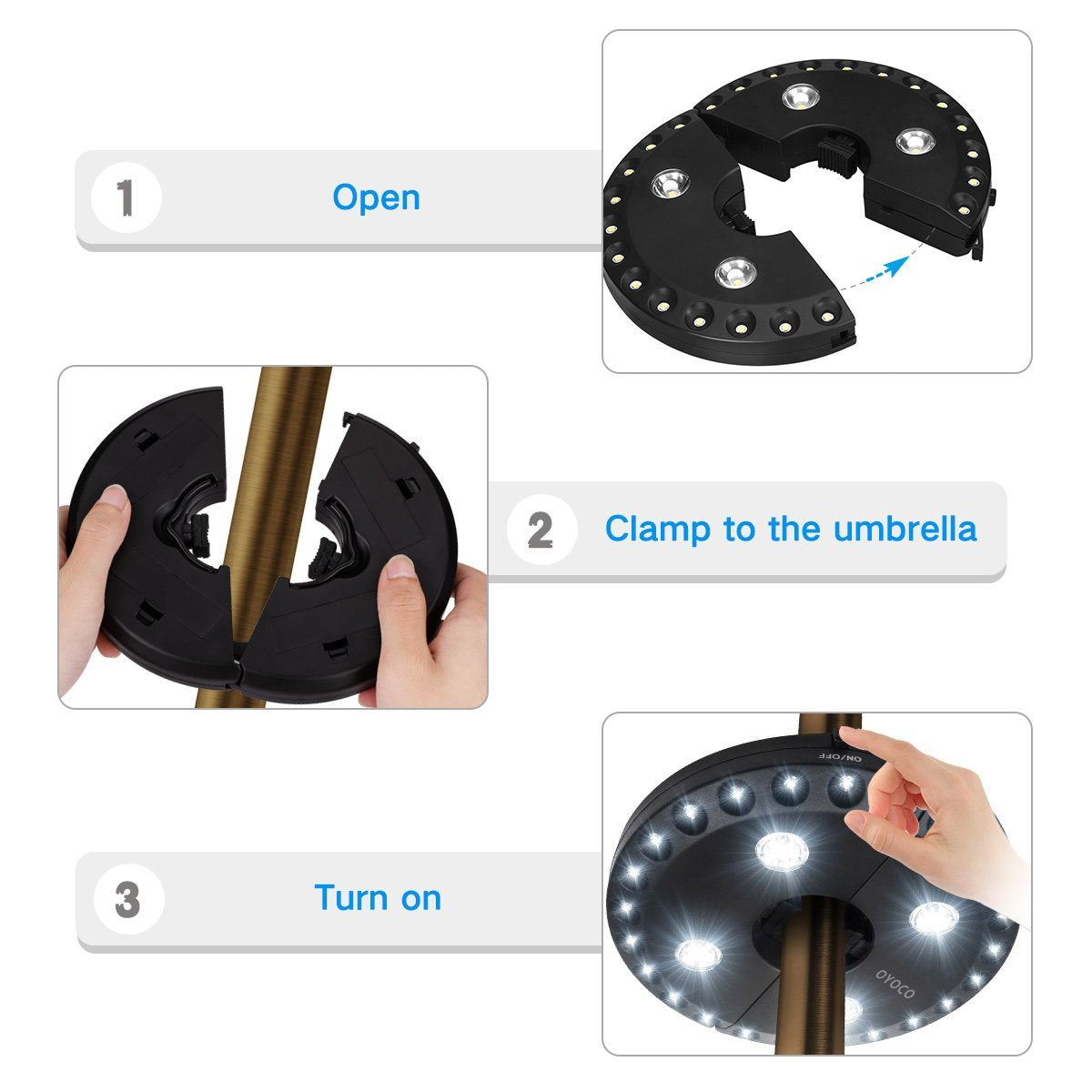 OYOCO Patio Umbrella Light - 28 LED Cordless, 3 Brightness Modes, Plastic, Cool White, Model QP-0004