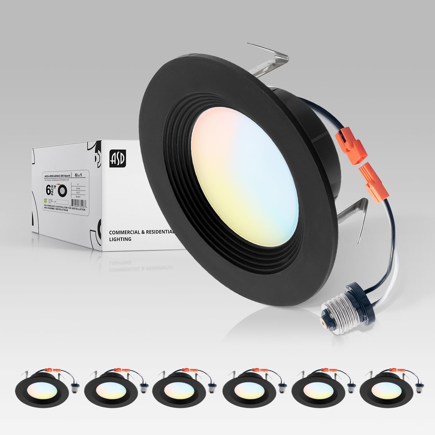 ASD LED Recessed Lighting 4 Inch 9W 700 Lm Dimmable Wet Rated Black 6 Pack Model A-LRKR-4D9AC-BK-6p