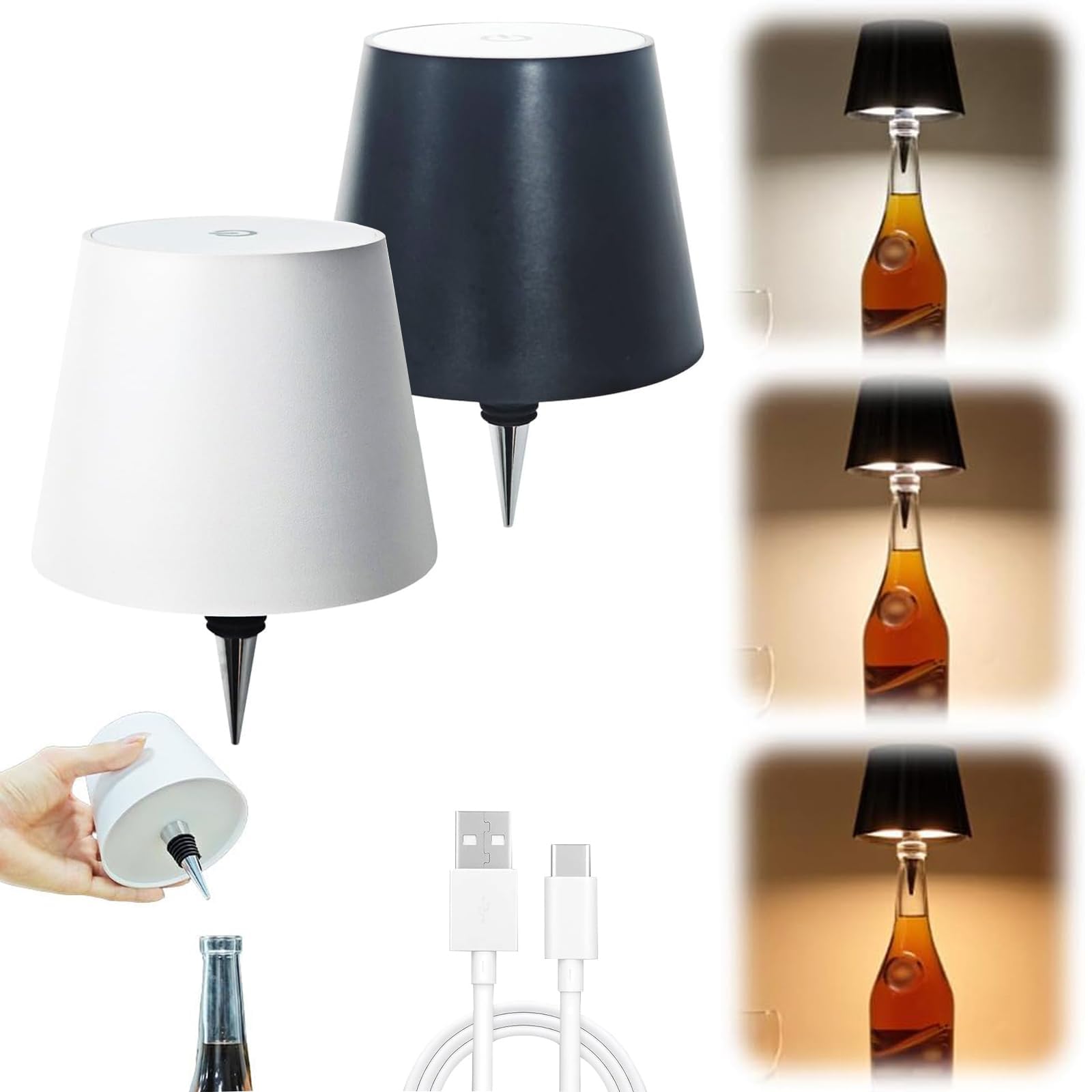 2 Packs Wireless Bottle Lamp, Portable LED Wireless Bottle Lamp with 3 Modes Light Dimming, Rechargeable Wine Bottle Light Head,