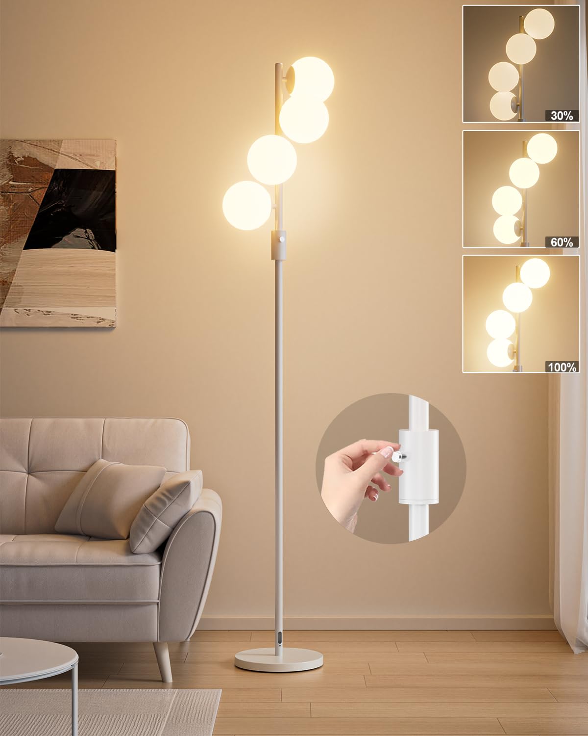 Lightdot 64In Dimmable Globe Floor Lamp With 4 G9 Bulbs, Mid Century Modern, White